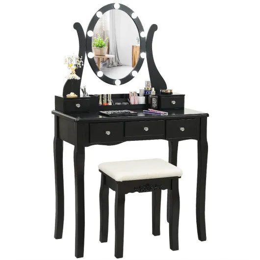 10 Dimmable Lights Vanity Table Set with Lighted Mirror and Cushioned Stool-Black