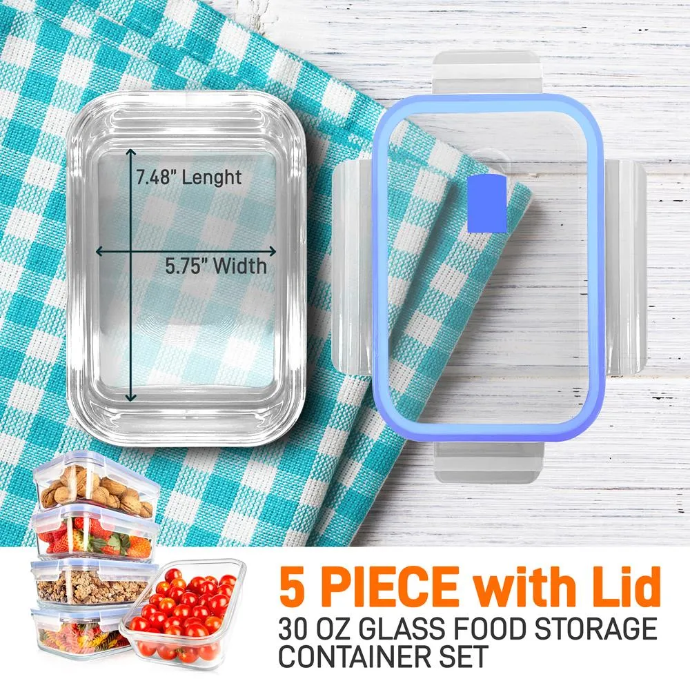 10-Piece Superior Glass Food Storage Containers Set - Stackable Design, Newly Bpa-Free Airtight Clear Locking Lids With Vent Lids & Blue Air Hole