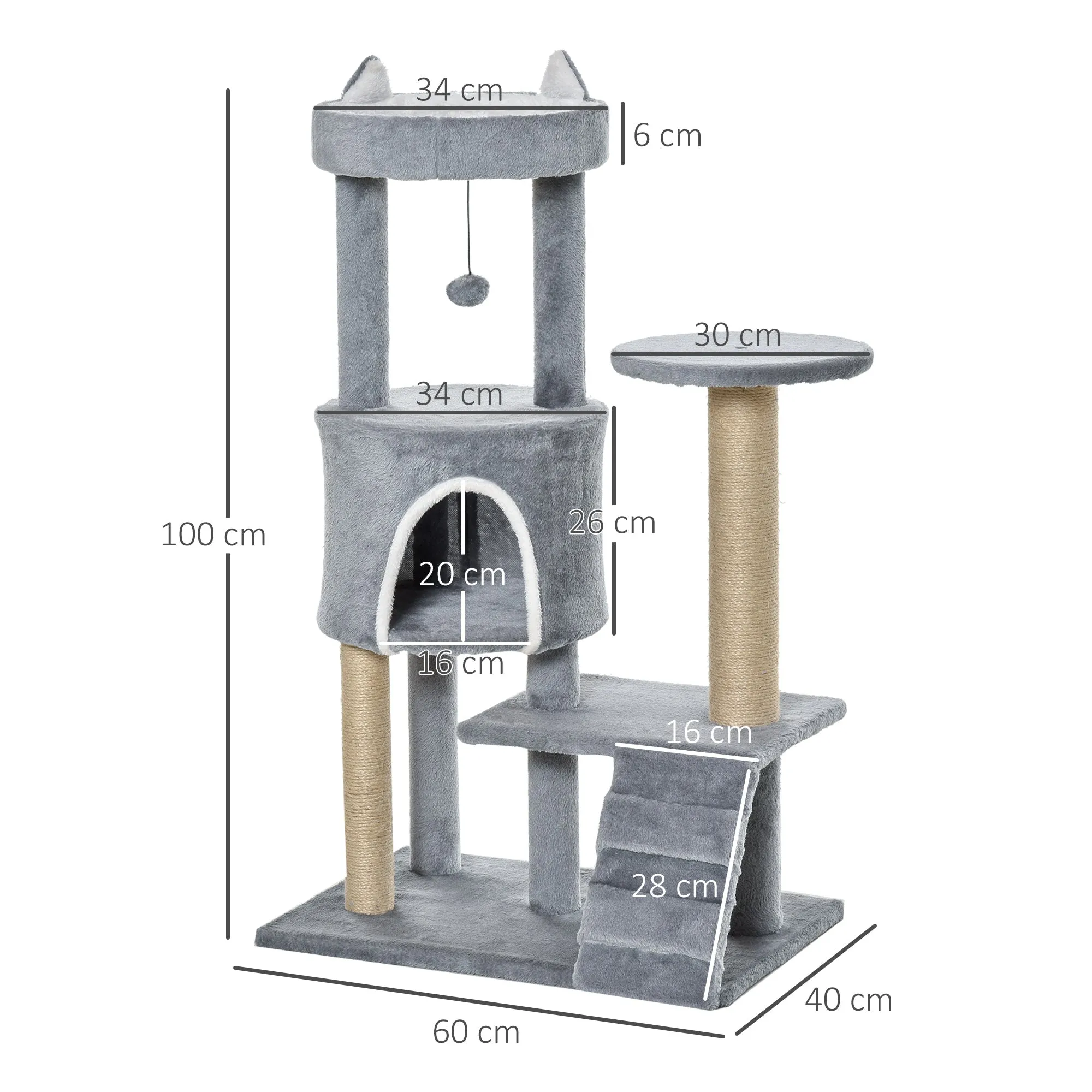 100cm Cat Tree Tower Condo Multi Platform Kitty Cat Center with Climbing Ladder Scratching Post Hanging Toy Ball, Grey