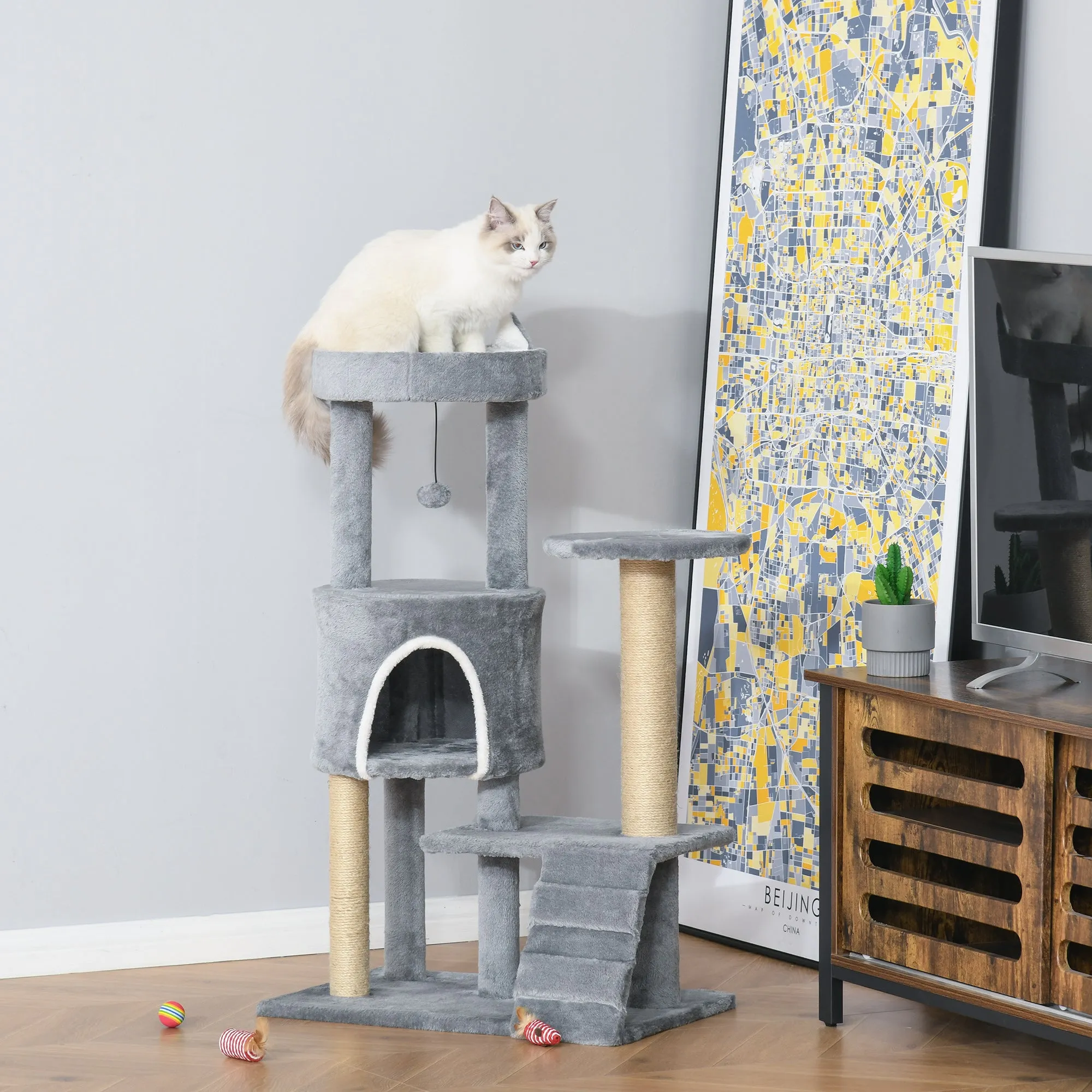 100cm Cat Tree Tower Condo Multi Platform Kitty Cat Center with Climbing Ladder Scratching Post Hanging Toy Ball, Grey