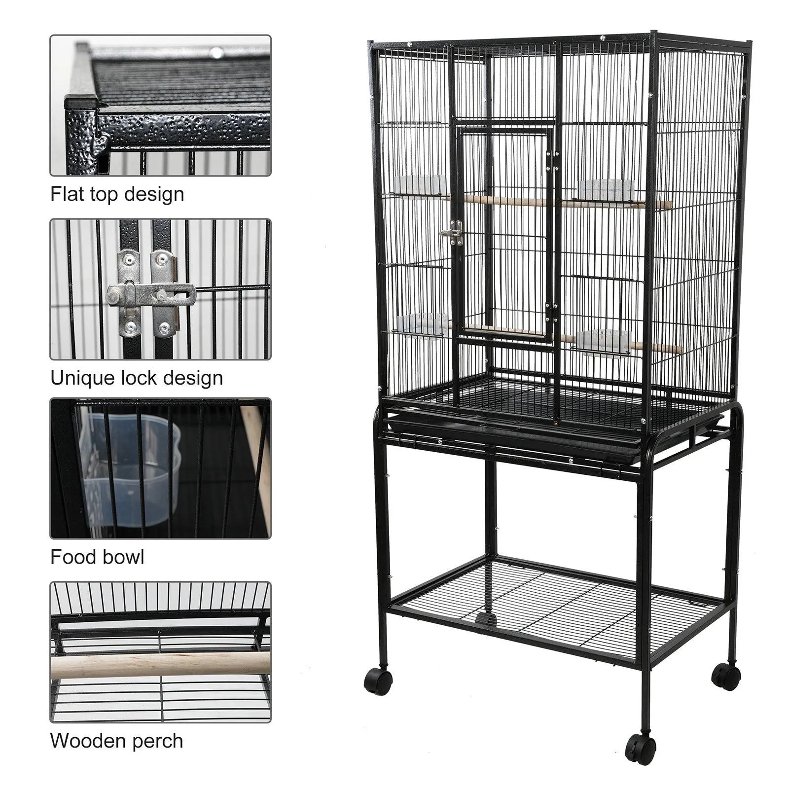 53" Big Rolling Bird Cage Parrot Flight Cage with Detachable Stand Storage Shelf and Wheels, Black