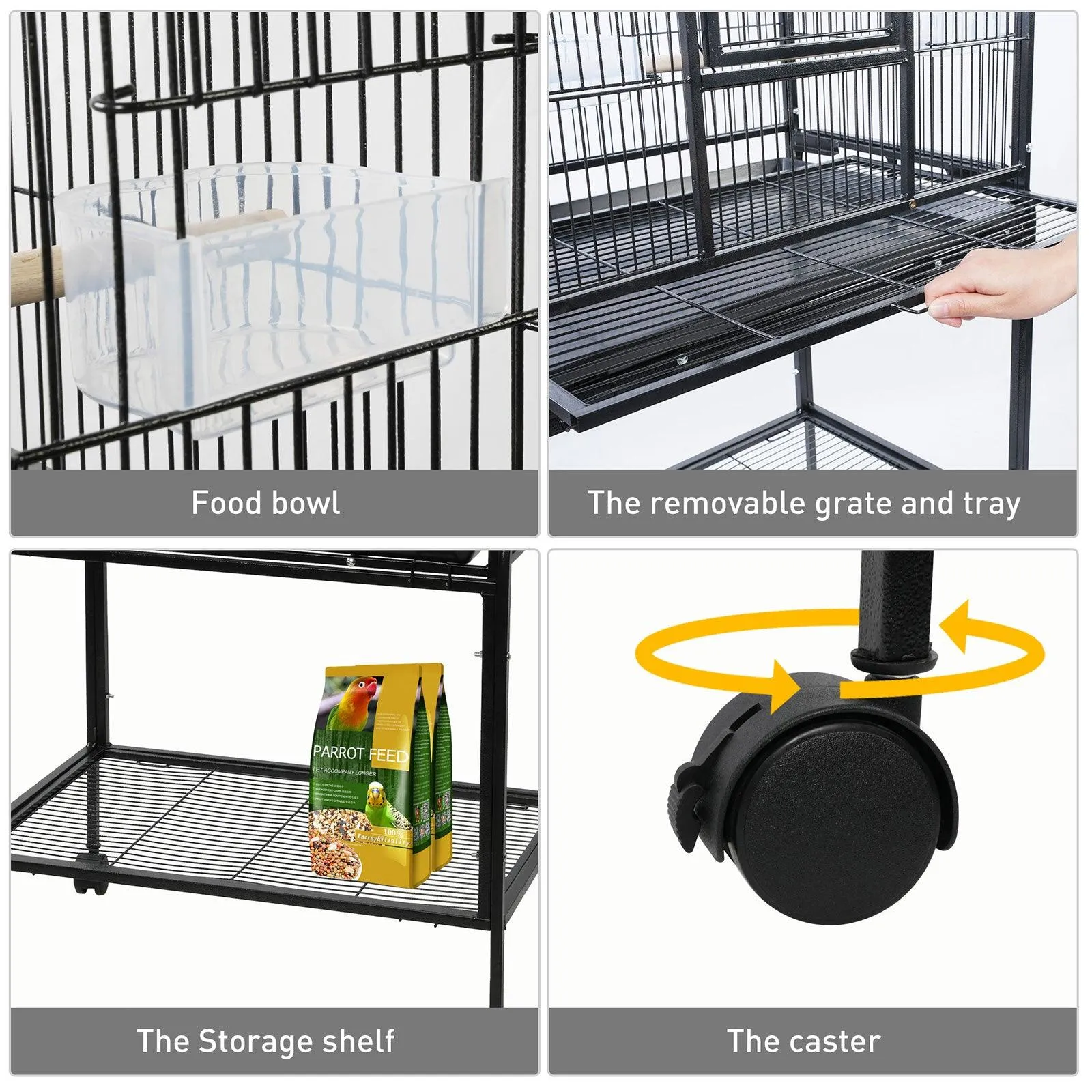 53" Big Rolling Bird Cage Parrot Flight Cage with Detachable Stand Storage Shelf and Wheels, Black