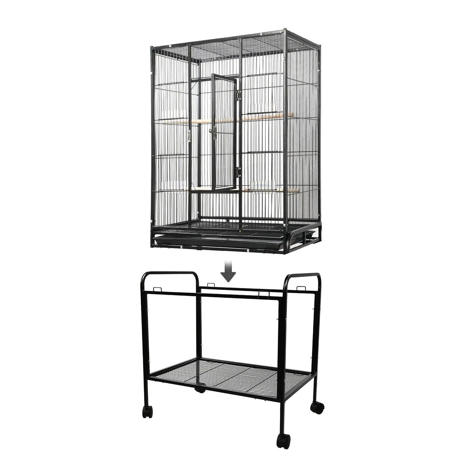 53" Big Rolling Bird Cage Parrot Flight Cage with Detachable Stand Storage Shelf and Wheels, Black