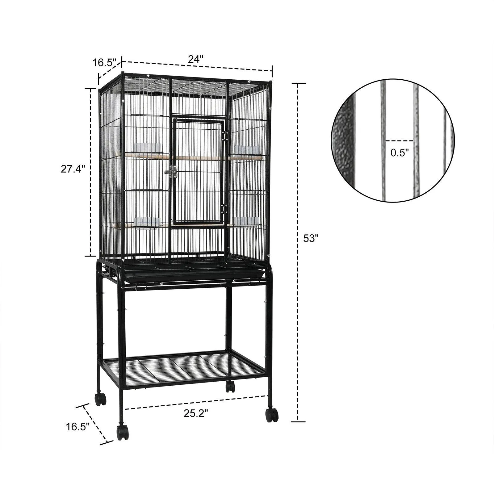 53" Big Rolling Bird Cage Parrot Flight Cage with Detachable Stand Storage Shelf and Wheels, Black