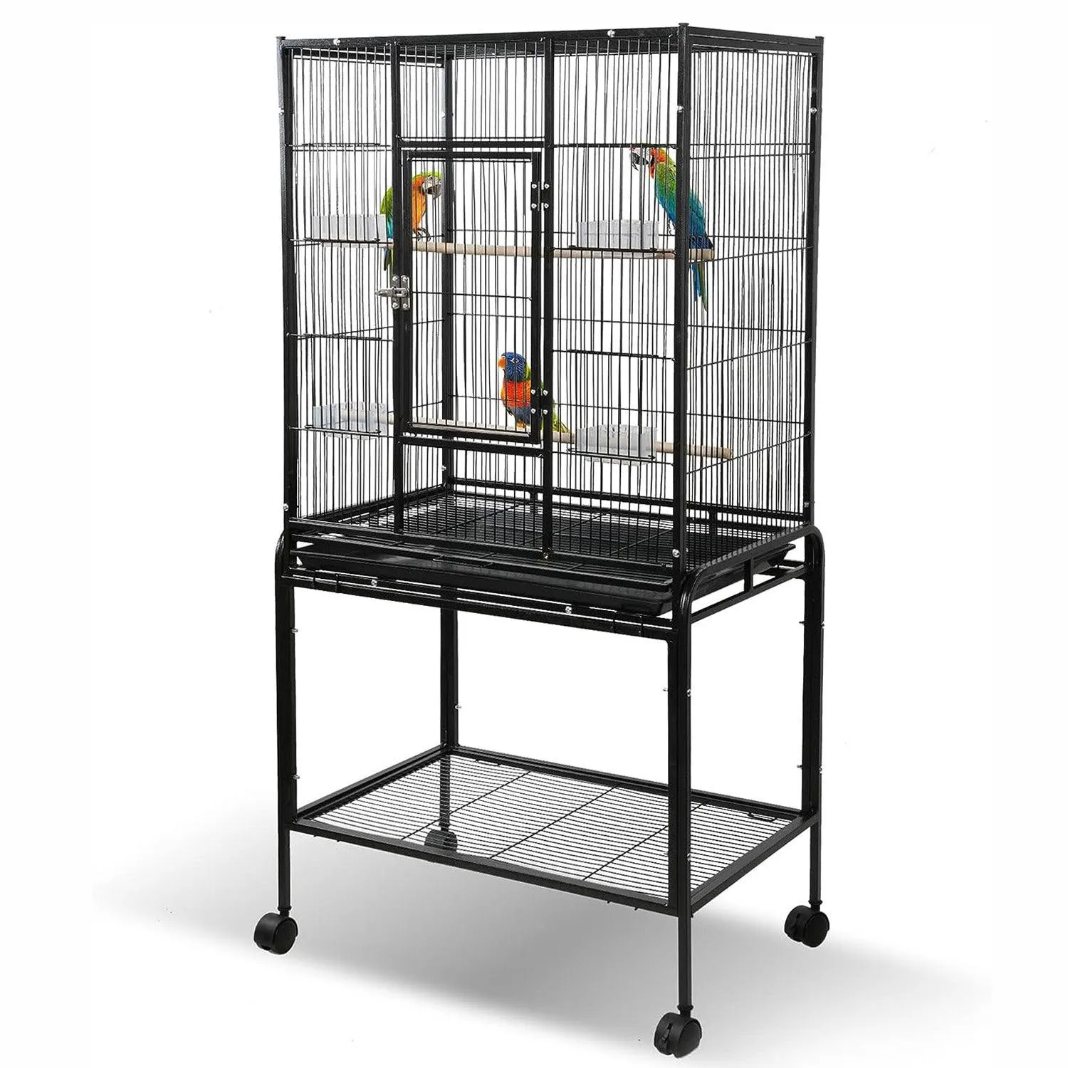 53" Big Rolling Bird Cage Parrot Flight Cage with Detachable Stand Storage Shelf and Wheels, Black