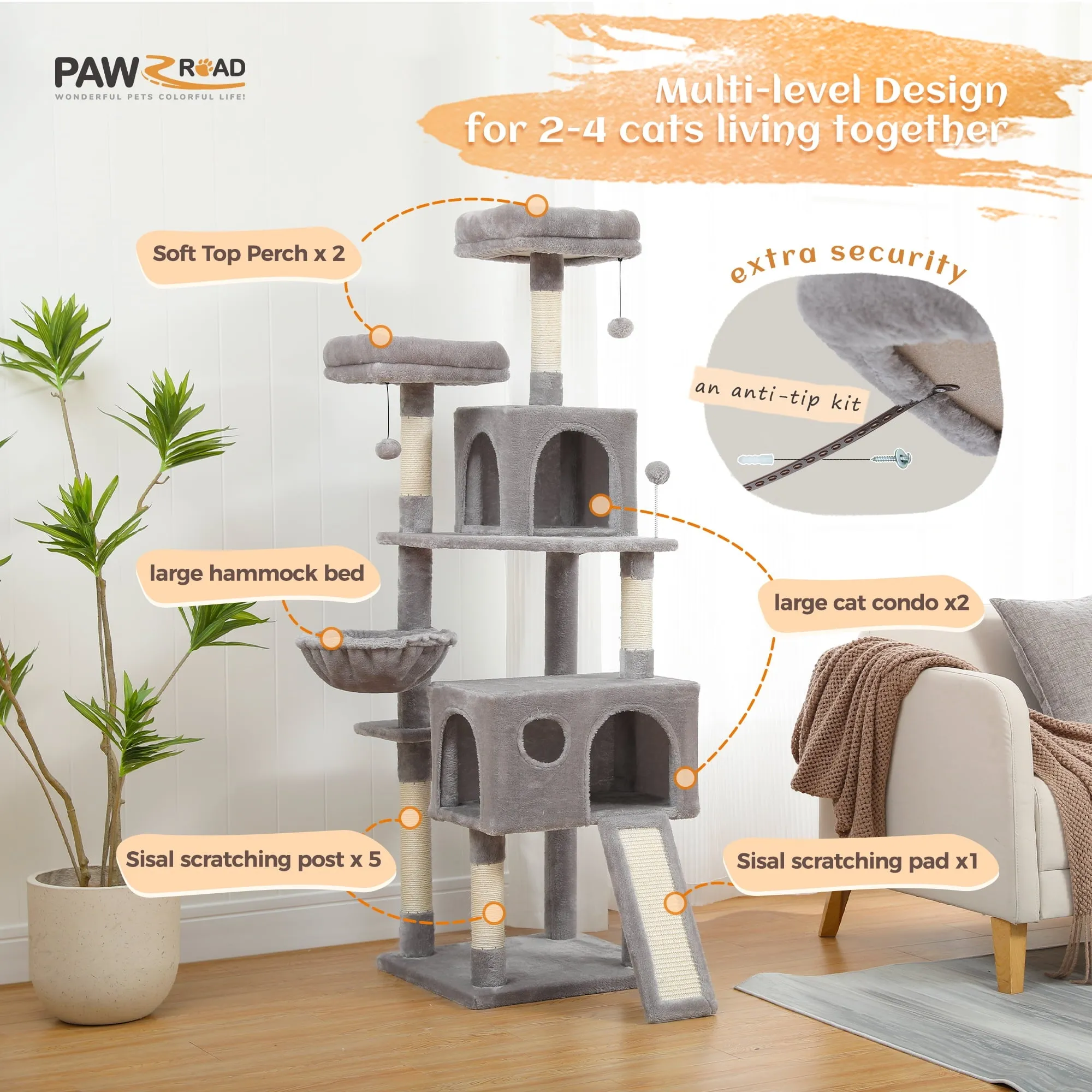 64" Cat Tree Tower Condo Multi-Level Scratching Post for All Indoor Cats