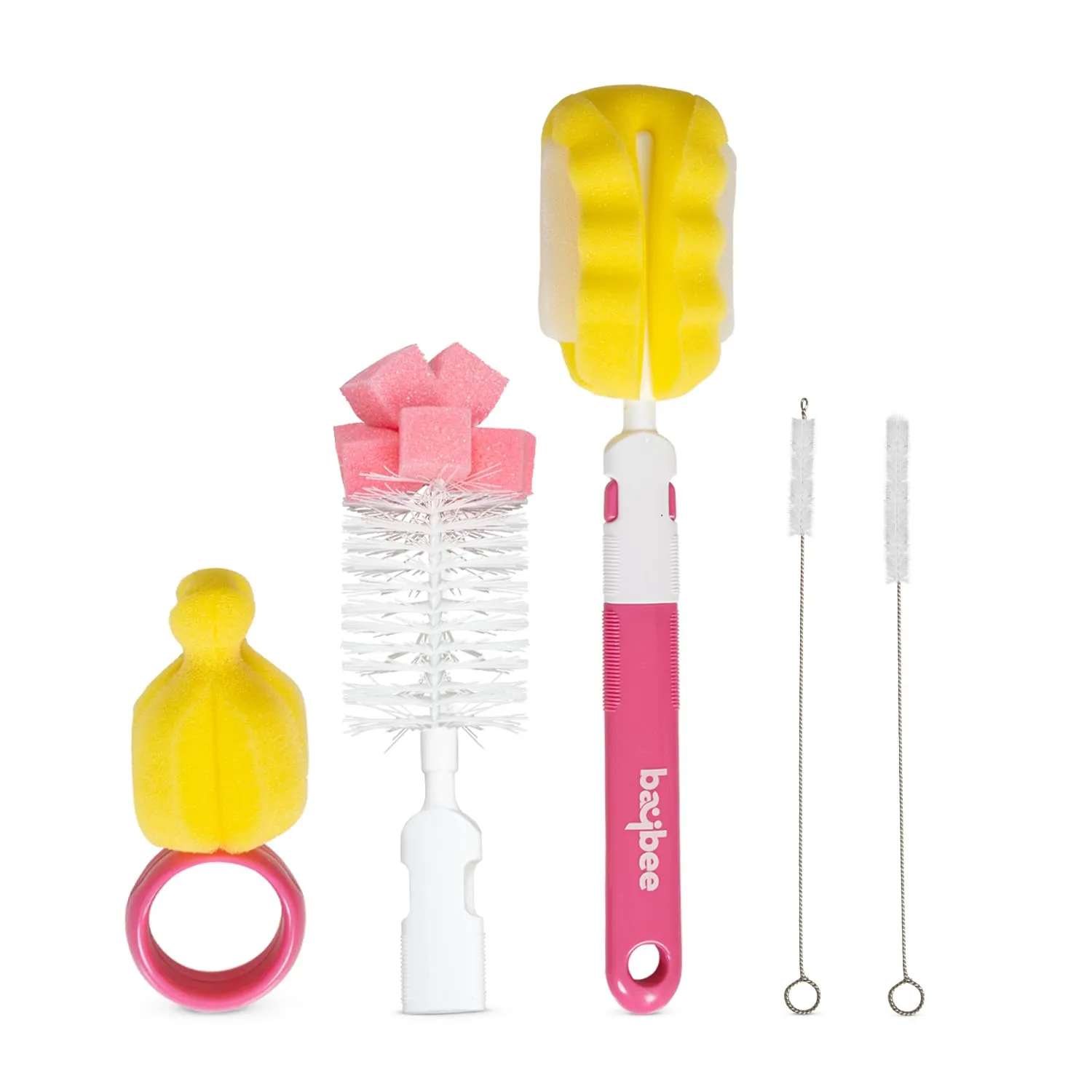 BAYBEE 4 in 1 Nylon Bristles Baby Feeding Bottles & Nipple Cleaning Brush Easy Grip 360° Rotating Long Handle