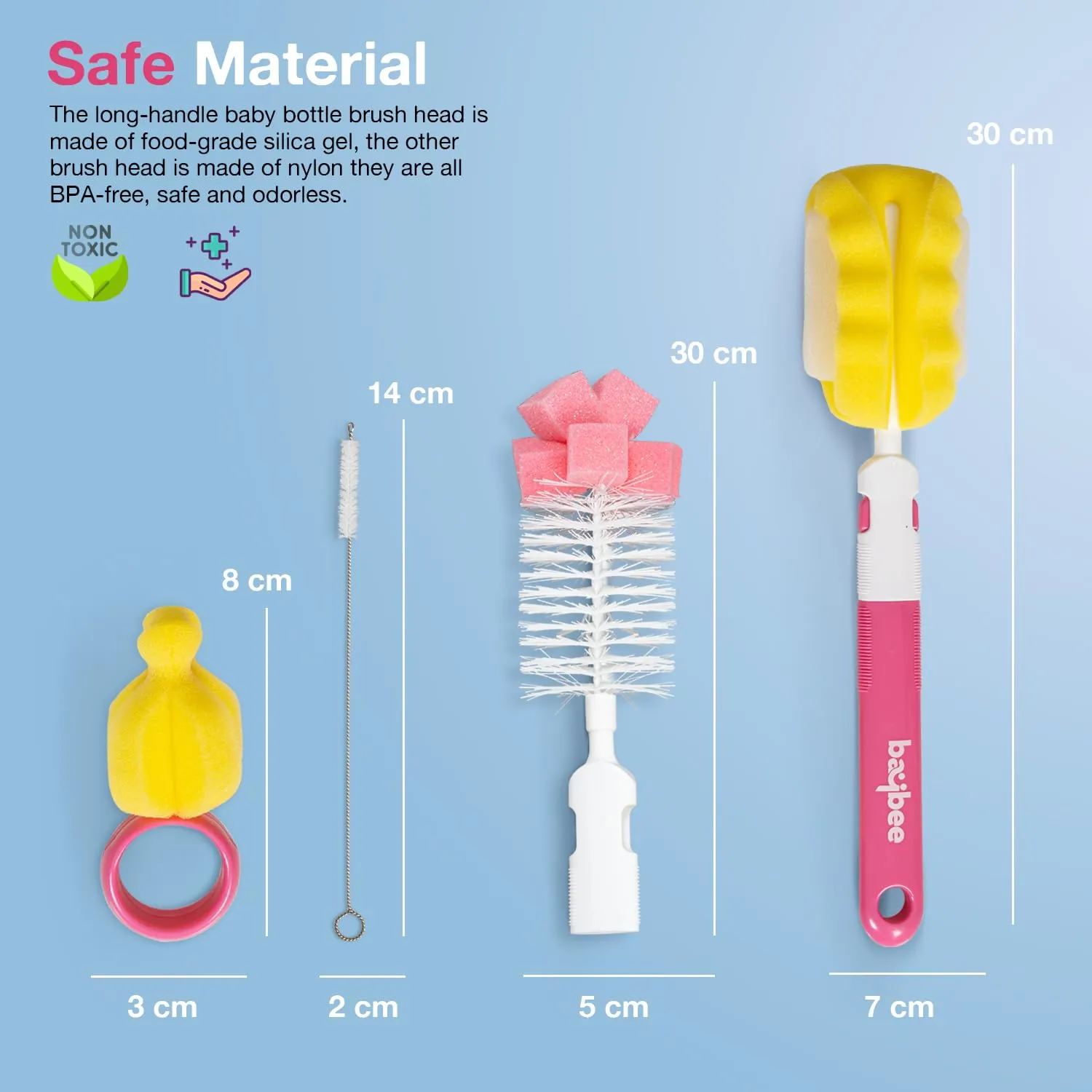 BAYBEE 4 in 1 Nylon Bristles Baby Feeding Bottles & Nipple Cleaning Brush Easy Grip 360° Rotating Long Handle