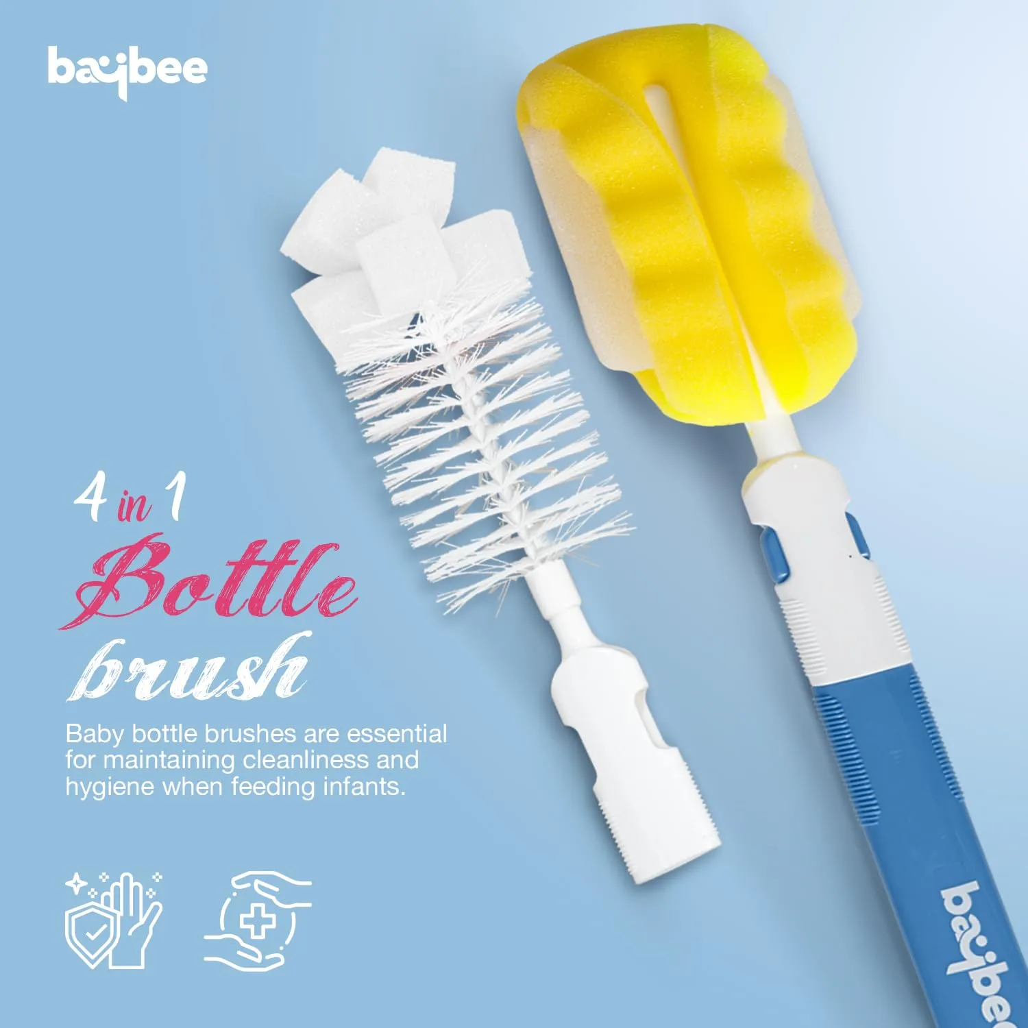 BAYBEE 4 in 1 Nylon Bristles Baby Feeding Bottles & Nipple Cleaning Brush Easy Grip 360° Rotating Long Handle