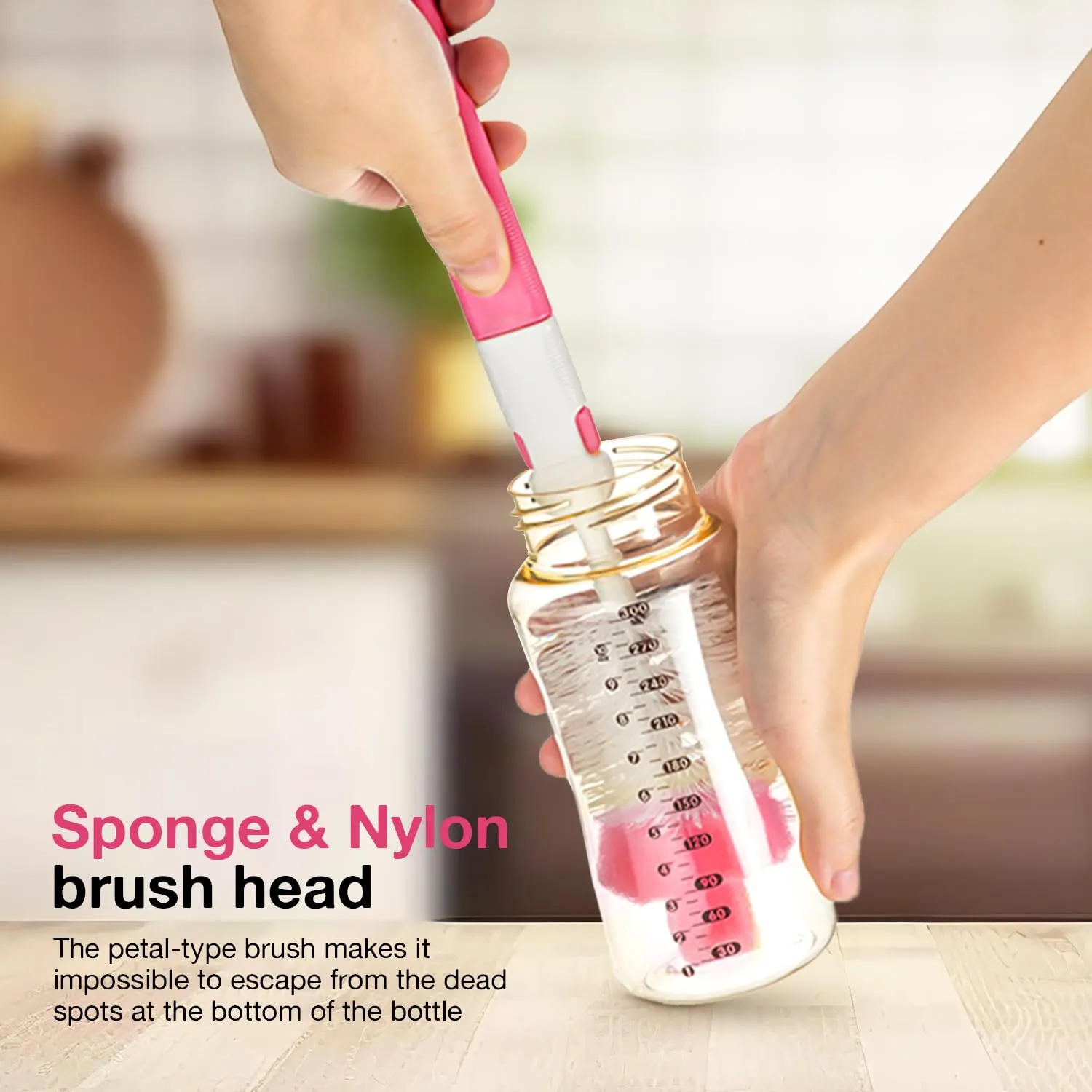 BAYBEE 4 in 1 Nylon Bristles Baby Feeding Bottles & Nipple Cleaning Brush Easy Grip 360° Rotating Long Handle