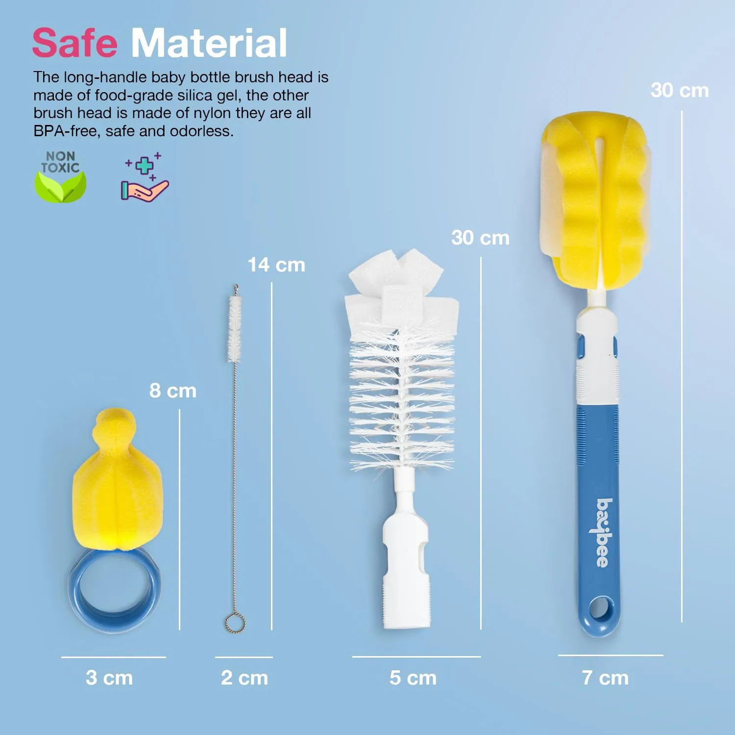 BAYBEE 4 in 1 Nylon Bristles Baby Feeding Bottles & Nipple Cleaning Brush Easy Grip 360° Rotating Long Handle