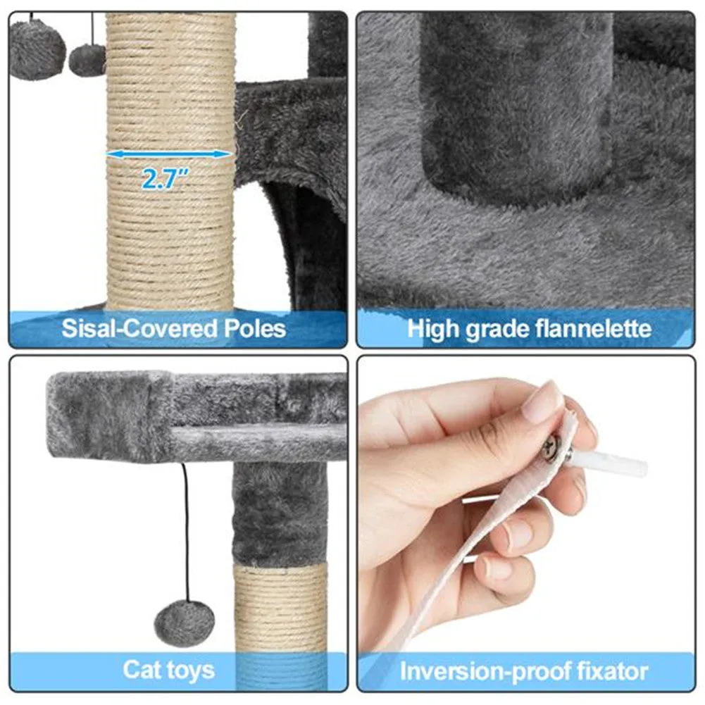 BEESCLOVER 66 Inch Sisal Cat Climbing Frame Cat Tree Tower Cat Pet Toy GREY