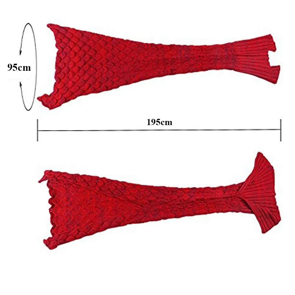 BonZeal Pack of 1 Woollen Knitted Warm Winter Red Large Mermaid Fish Tail Blanket 195 x 95cm for Crochet Couch Sofa