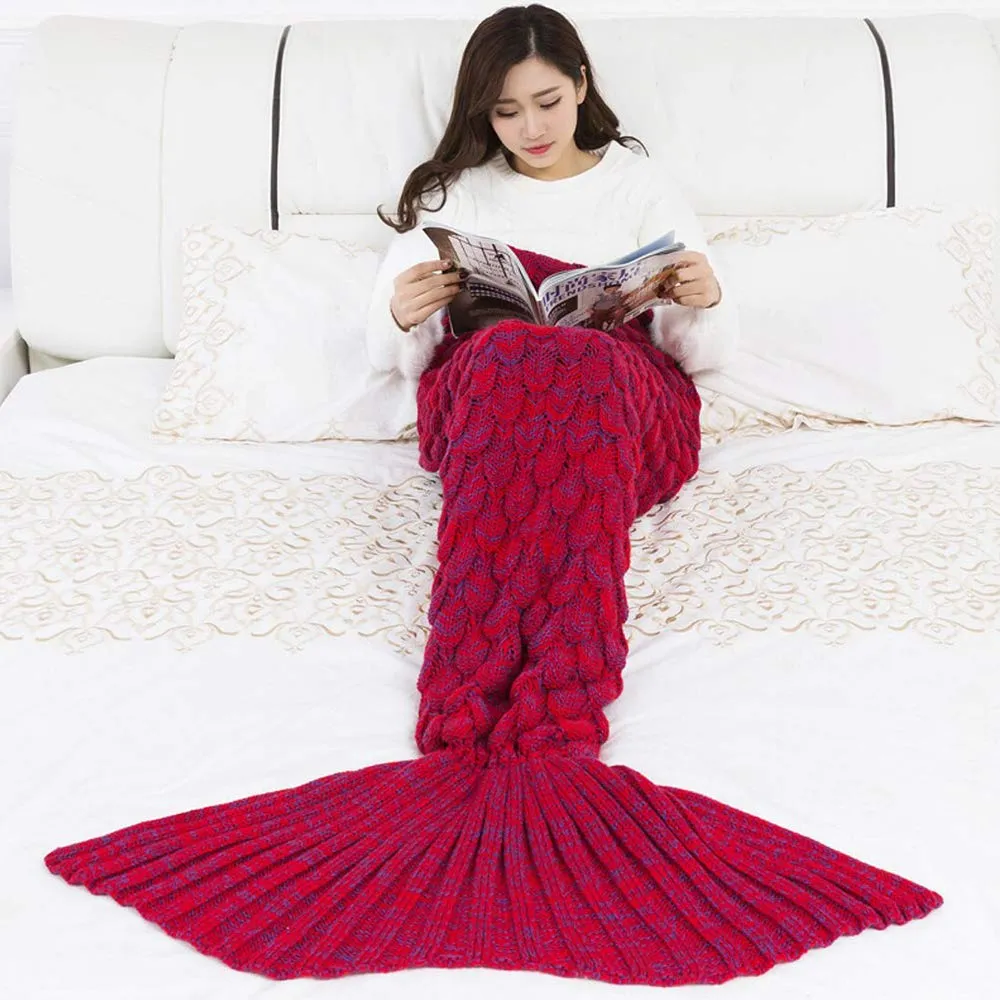 BonZeal Pack of 1 Woollen Knitted Warm Winter Red Large Mermaid Fish Tail Blanket 195 x 95cm for Crochet Couch Sofa