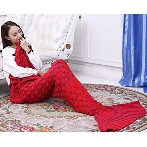 BonZeal Pack of 1 Woollen Knitted Warm Winter Red Large Mermaid Fish Tail Blanket 195 x 95cm for Crochet Couch Sofa