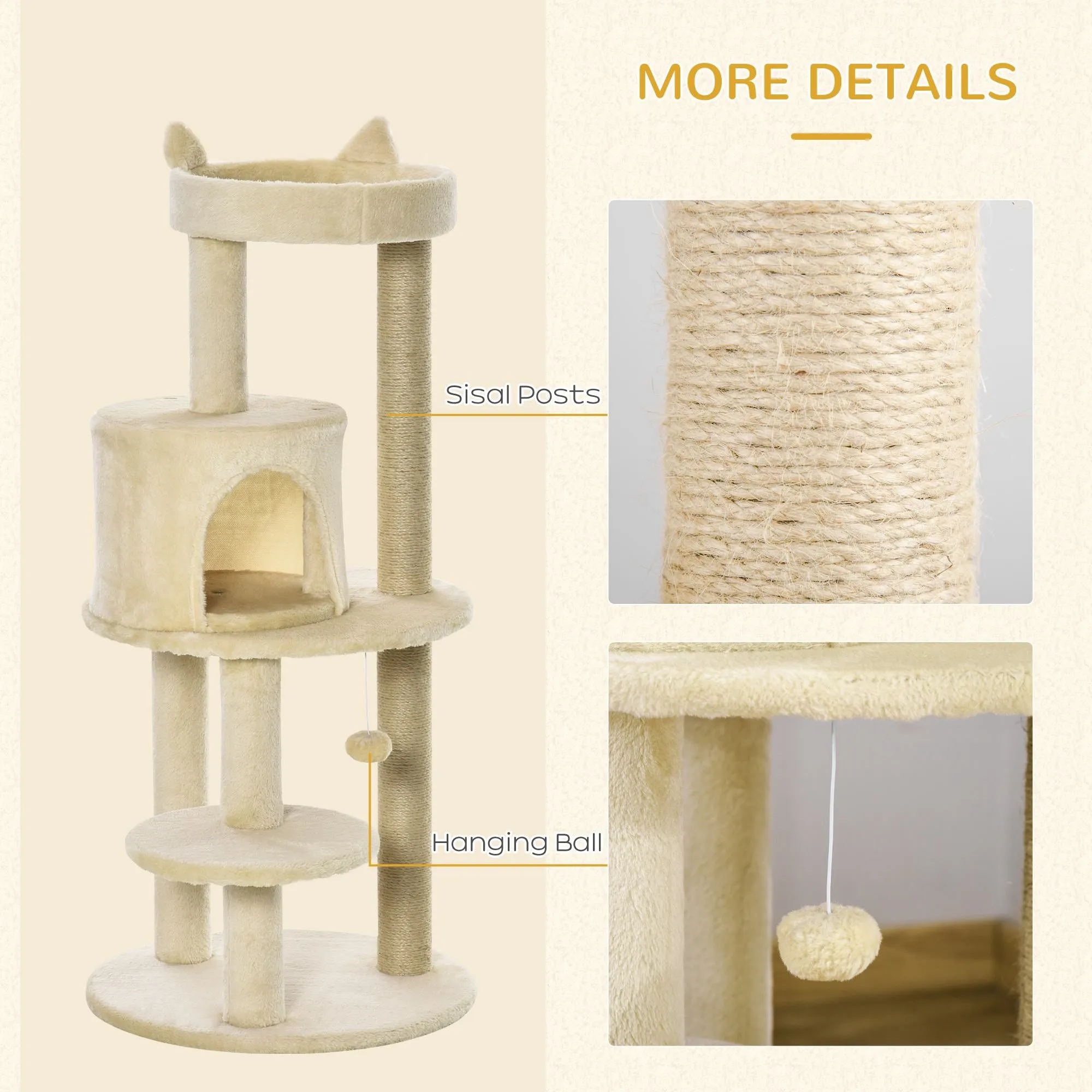 Cat Tree Tower Scratching Post with Sisal Pet Activity Centre Beige 48 x 48 x 104cm