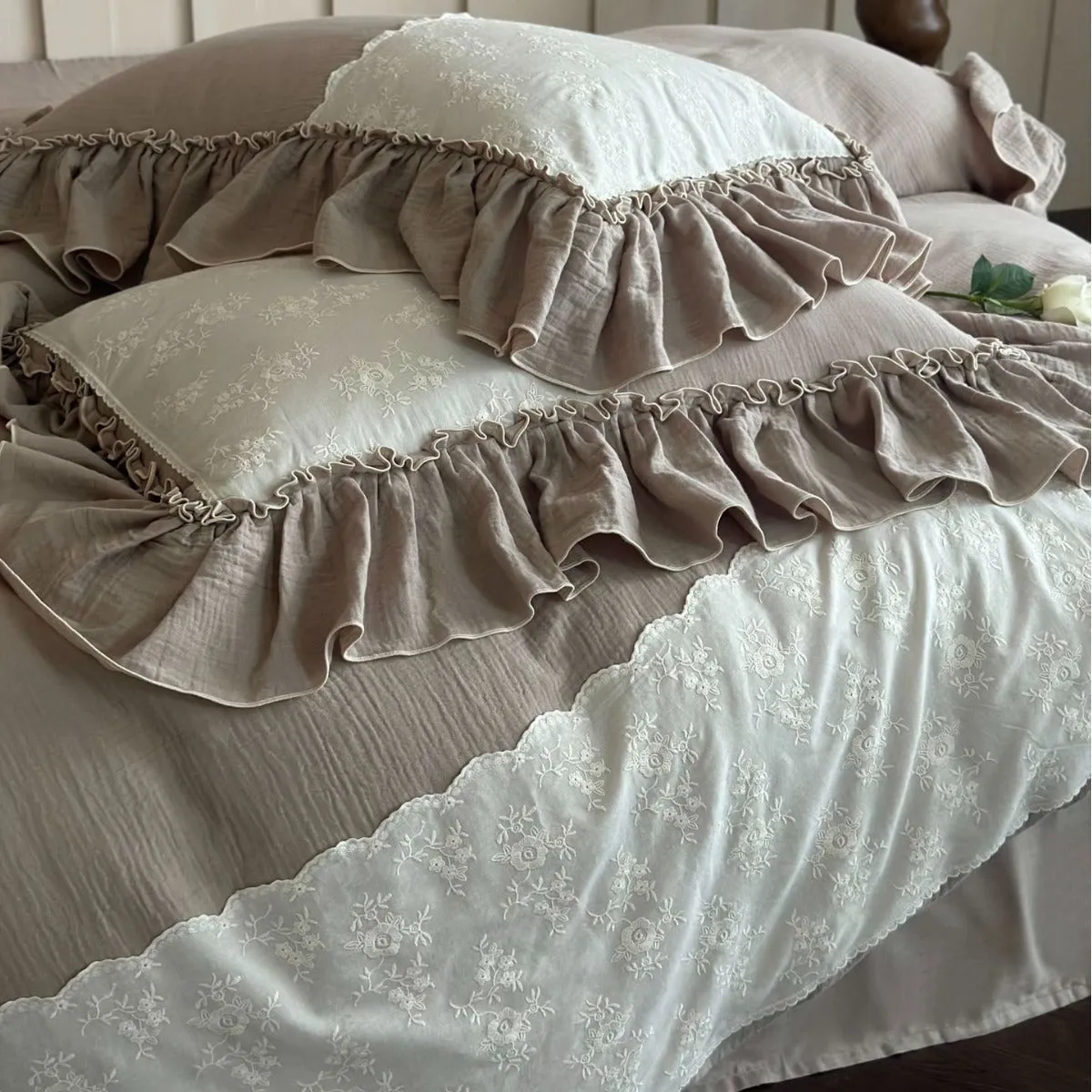 Celeste Soft Lace Embroidered Ruffle Bedding Set  / Coffee Brown