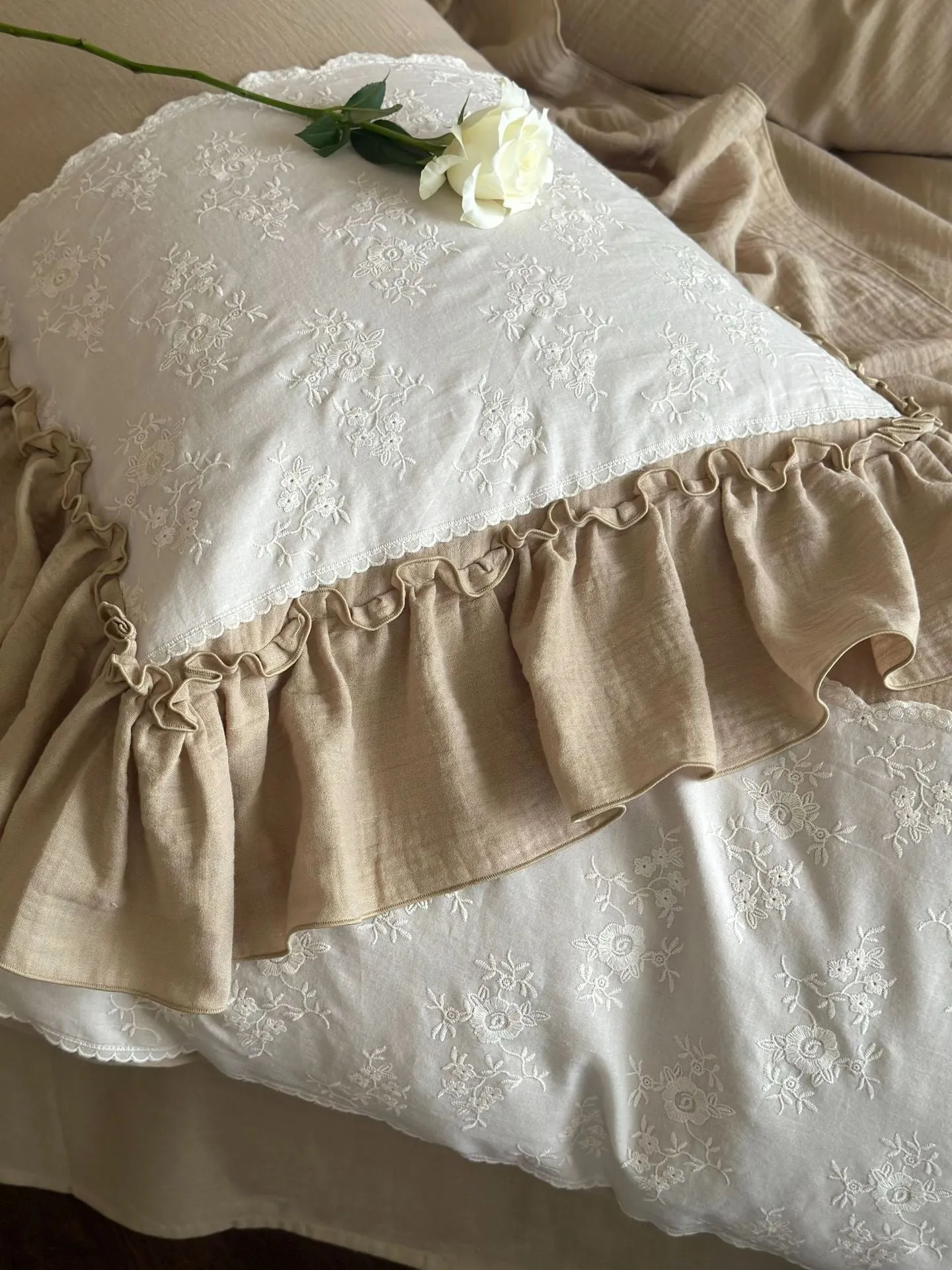 Celeste Soft Lace Embroidered Ruffle Bedding Set  / Coffee Brown