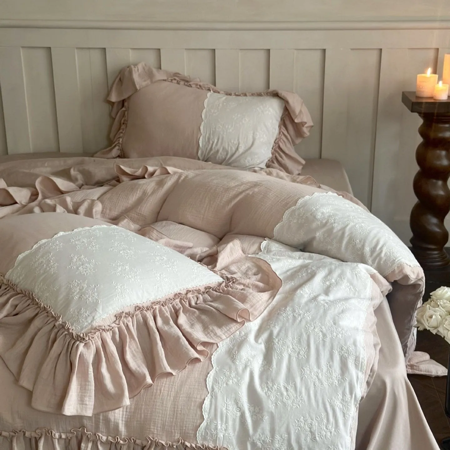 Celeste Soft Lace Embroidered Ruffle Bedding Set  / Coffee Brown