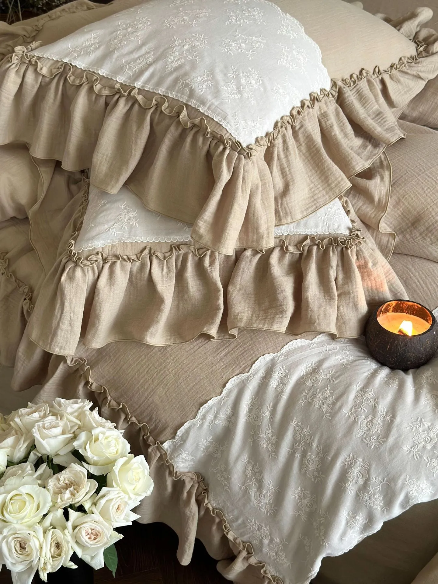 Celeste Soft Lace Embroidered Ruffle Bedding Set  / Coffee Brown