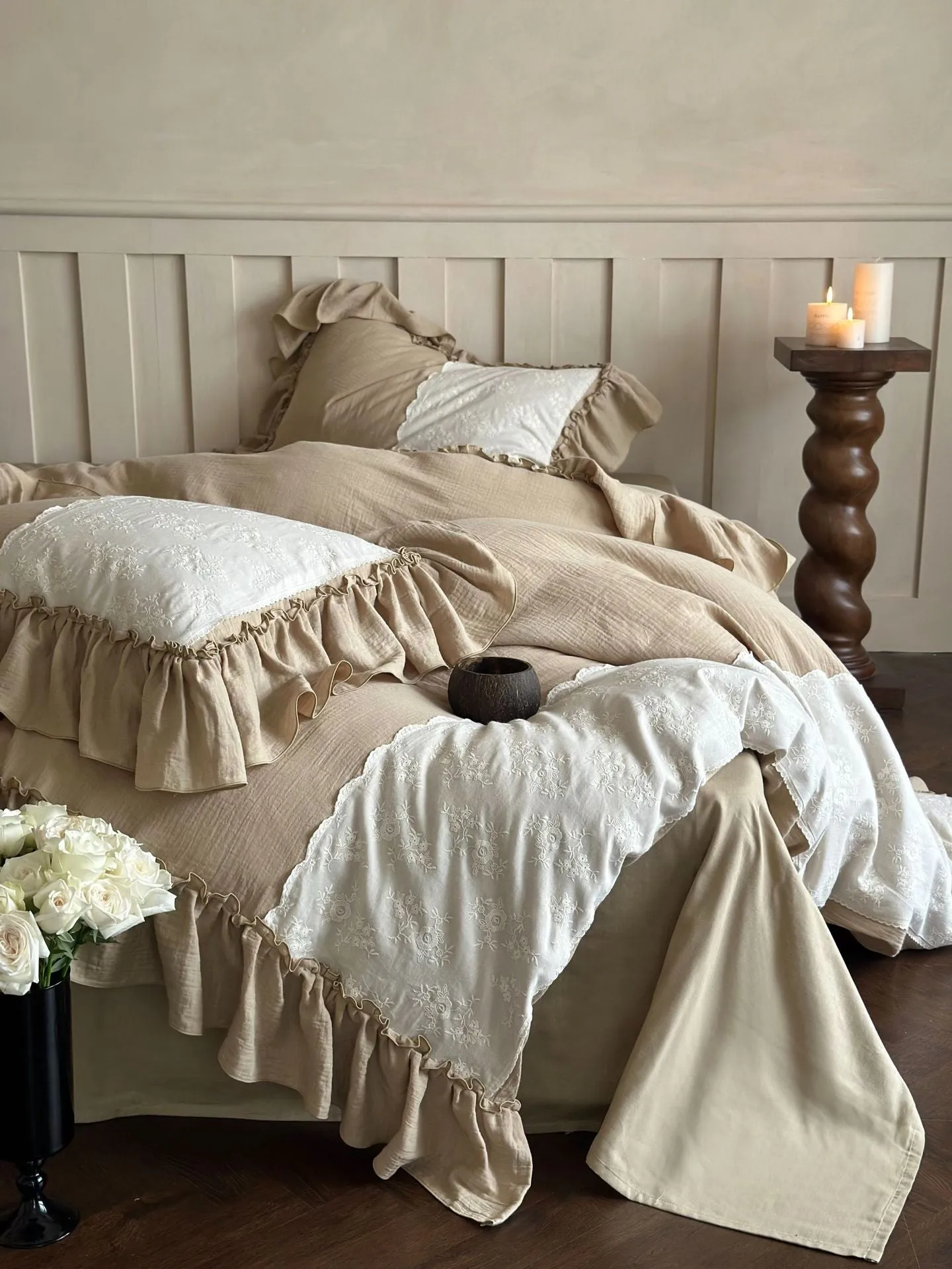 Celeste Soft Lace Embroidered Ruffle Bedding Set  / Coffee Brown