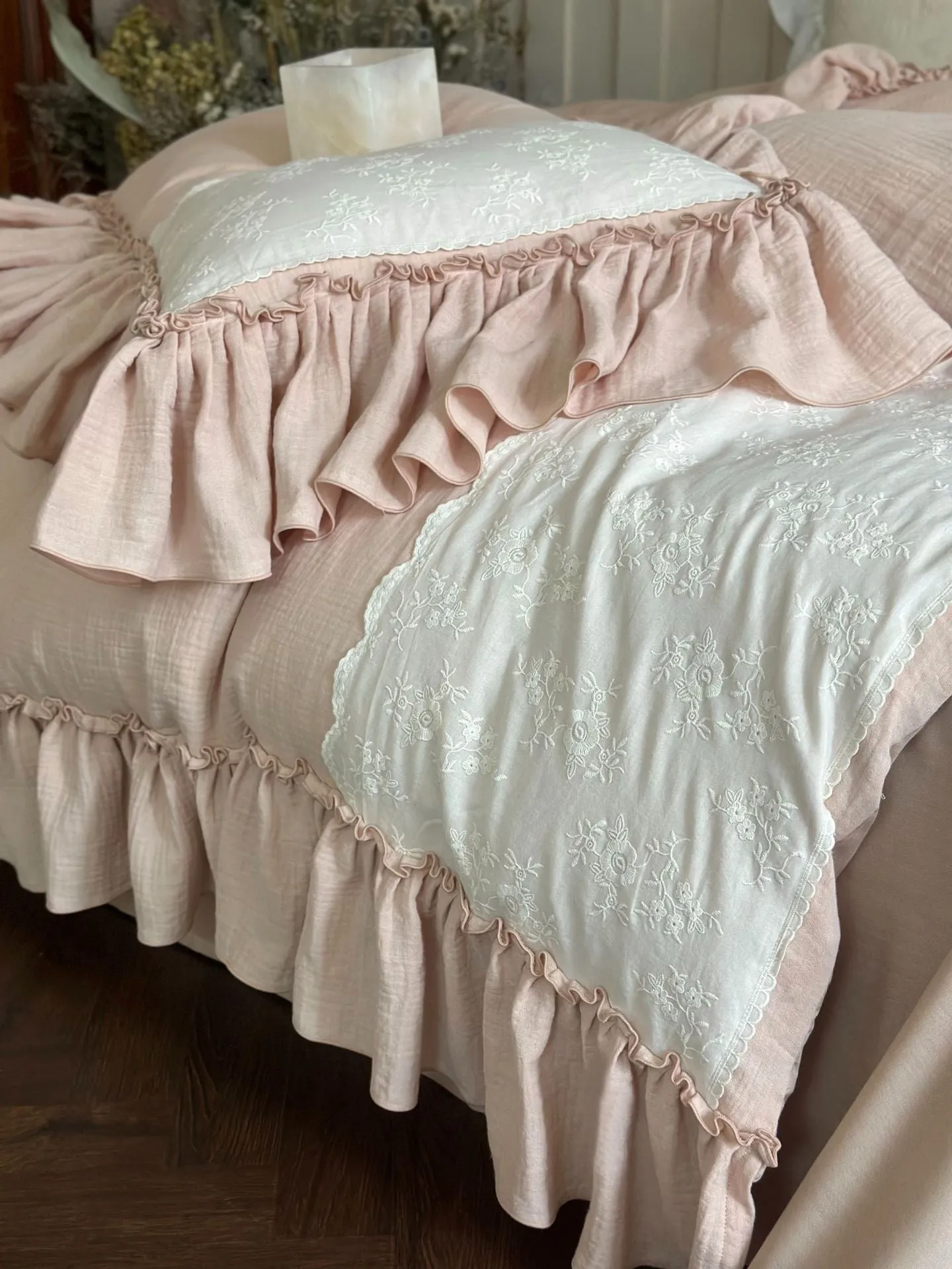 Celeste Soft Lace Embroidered Ruffle Bedding Set  / Coffee Brown