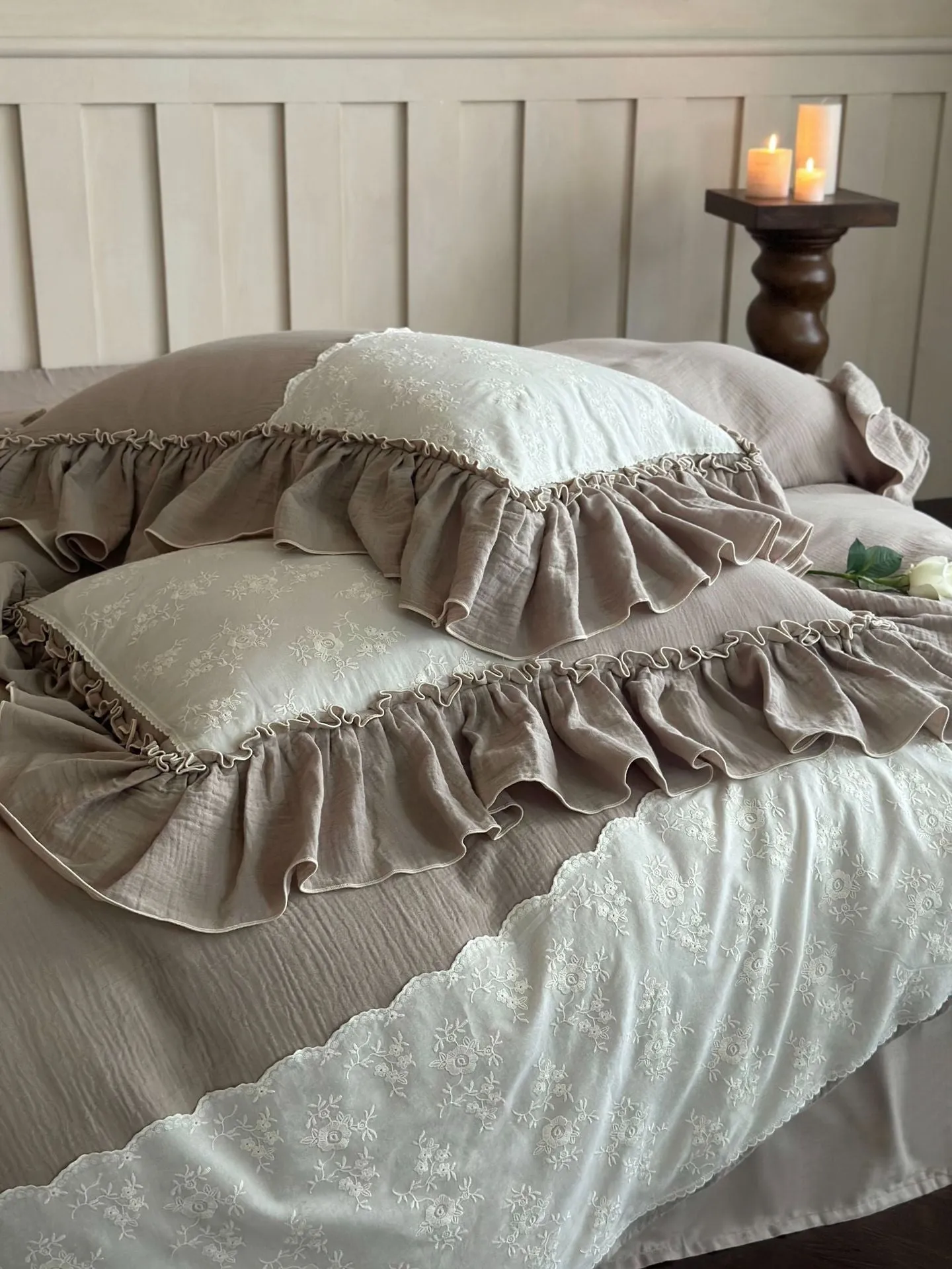 Celeste Soft Lace Embroidered Ruffle Bedding Set  / Coffee Brown