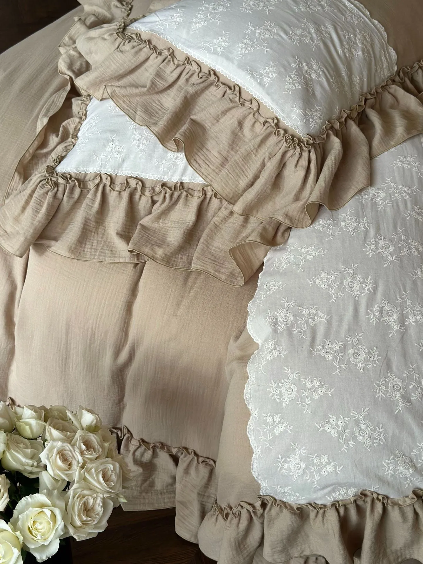 Celeste Soft Lace Embroidered Ruffle Bedding Set  / Coffee Brown