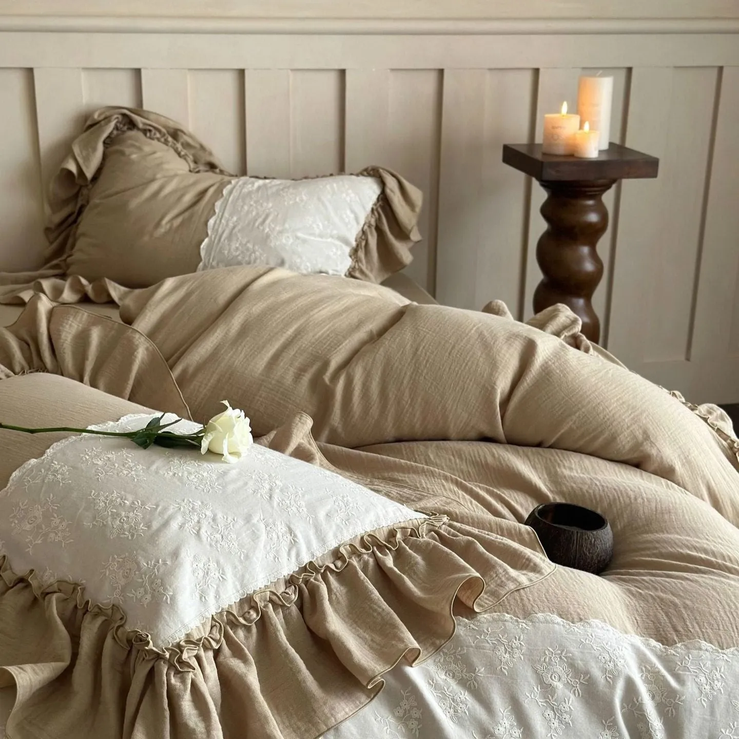 Celeste Soft Lace Embroidered Ruffle Bedding Set  / Coffee Brown