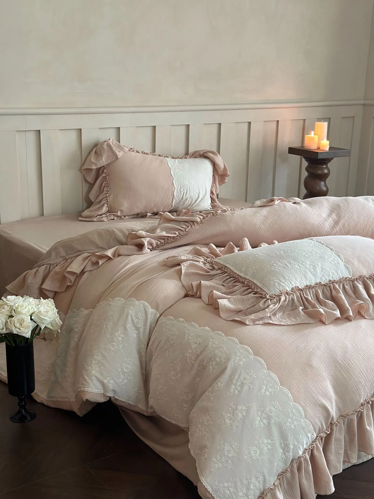 Celeste Soft Lace Embroidered Ruffle Bedding Set  / Coffee Brown