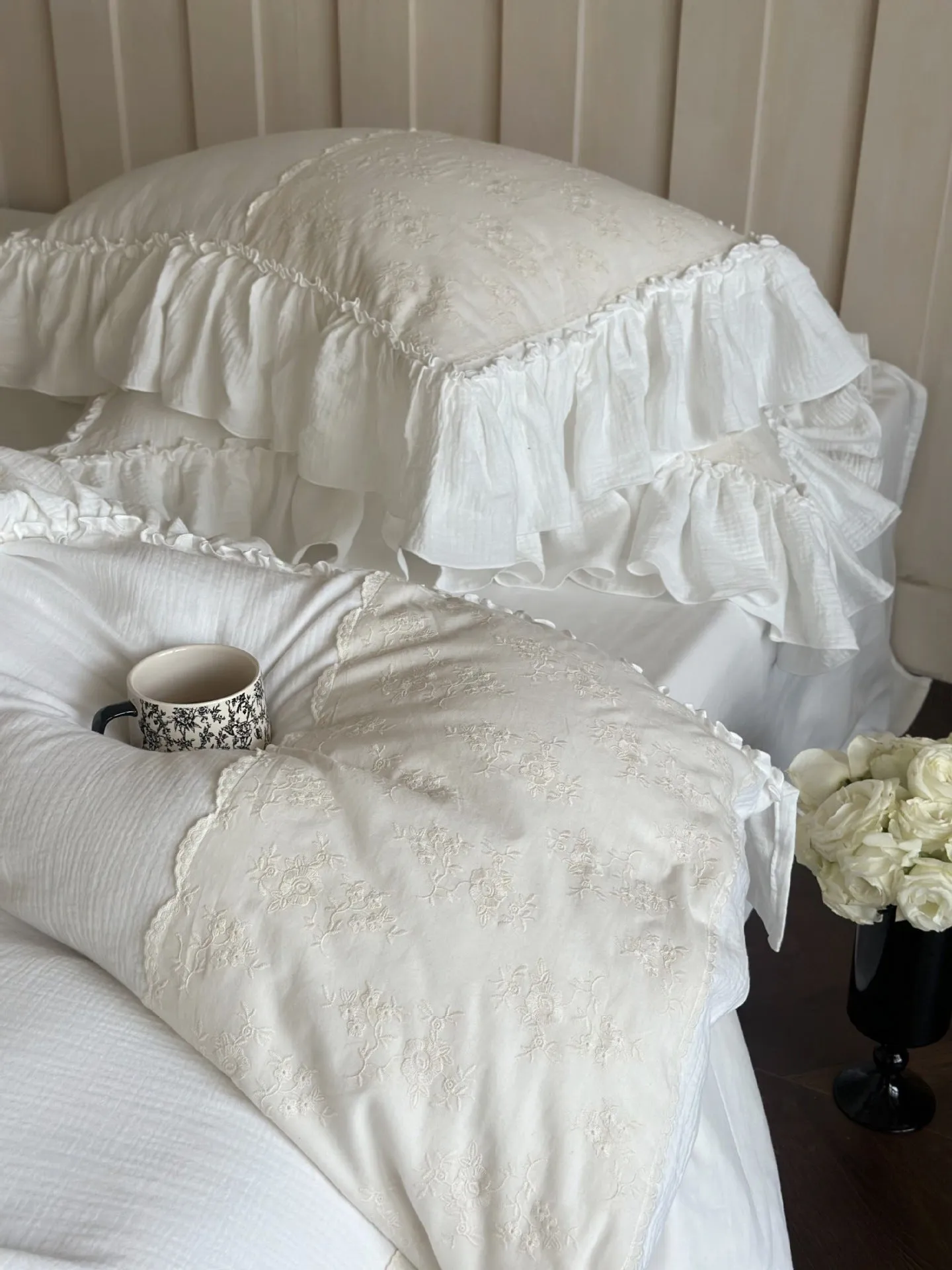 Celeste Soft Lace Embroidered Ruffle Bedding Set  / Coffee Brown