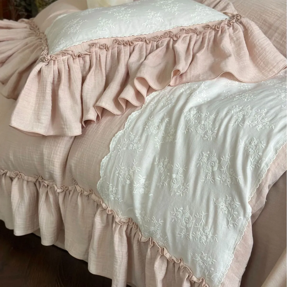 Celeste Soft Lace Embroidered Ruffle Bedding Set  / Coffee Brown