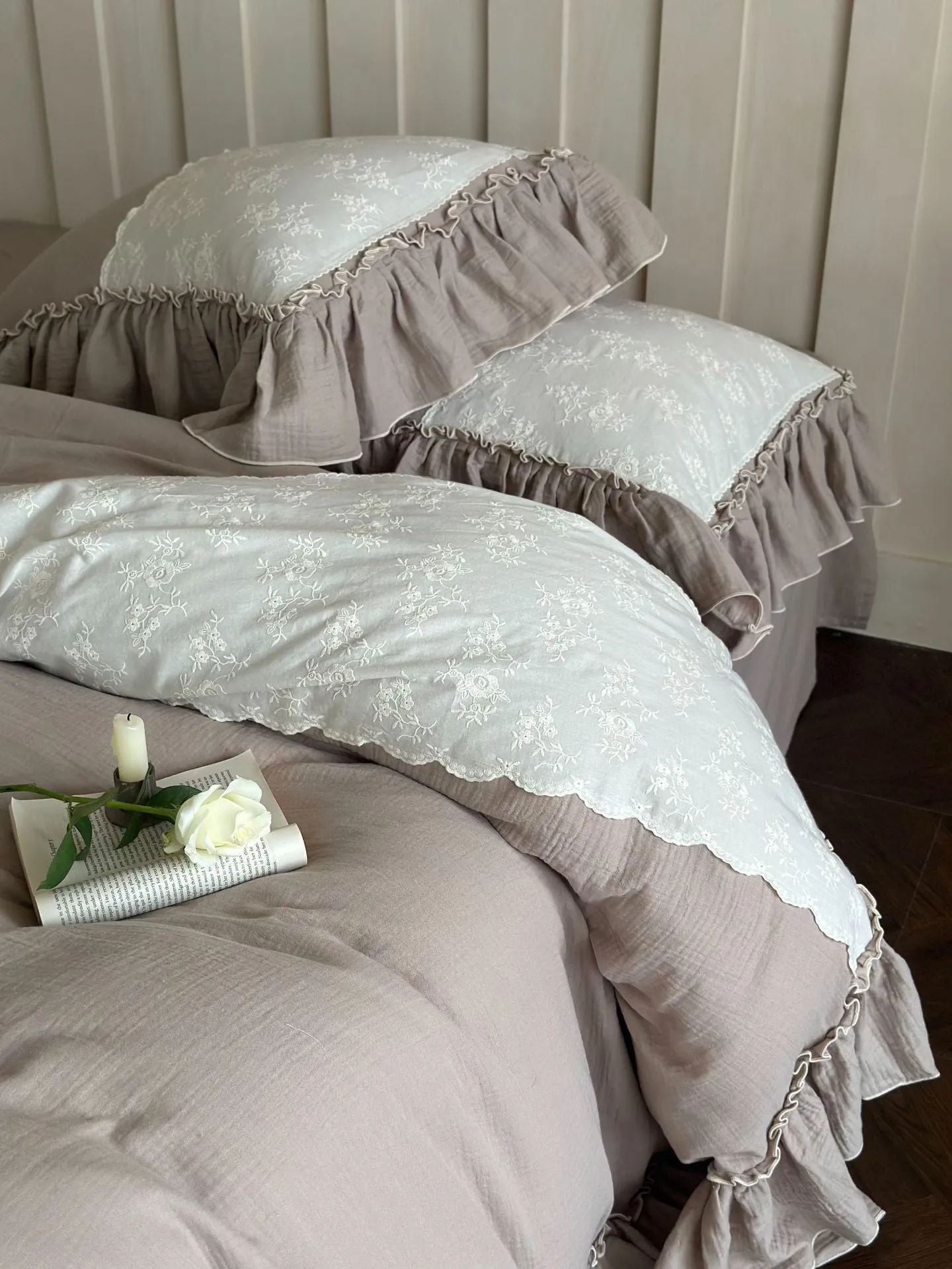 Celeste Soft Lace Embroidered Ruffle Bedding Set  / Coffee Brown