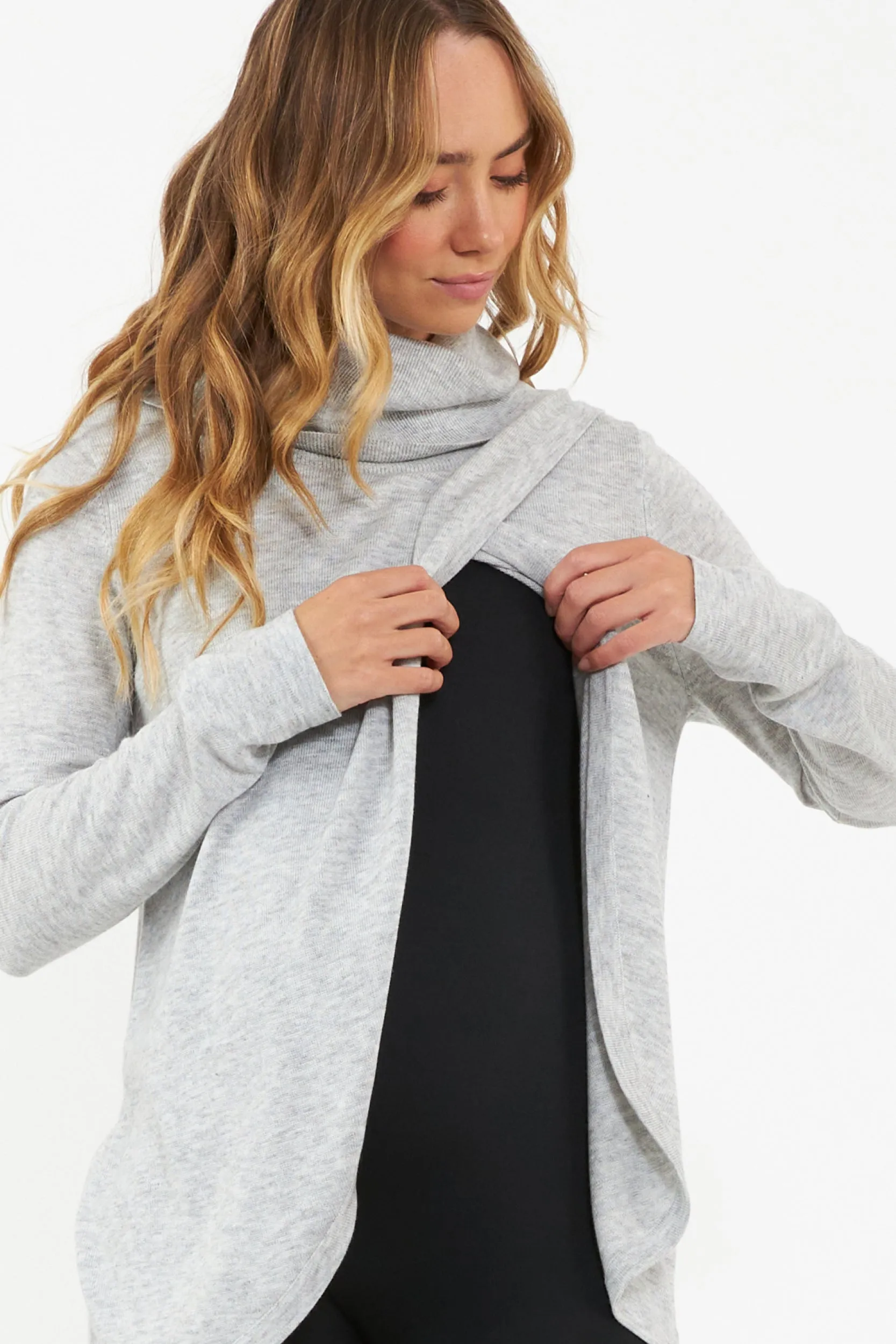 Cowl Neck Maternity Nursing Knit in Heather Grey