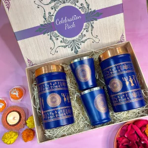 Festive Gift Box | Indian Themed Container Set with Glasses | Blue | Stainless Steel | Set of 4