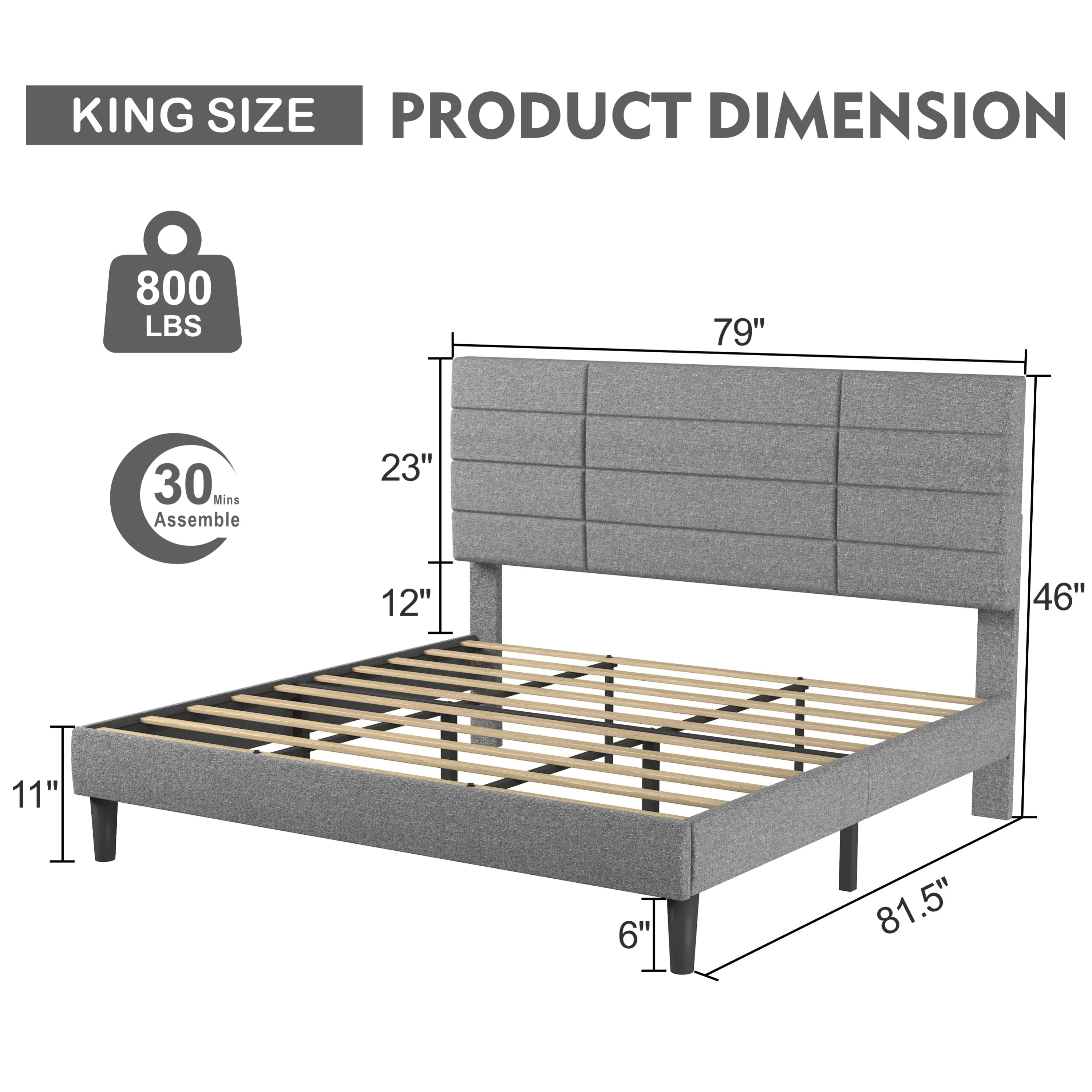 Gore King Size Platform Bed Frame - Light Gray