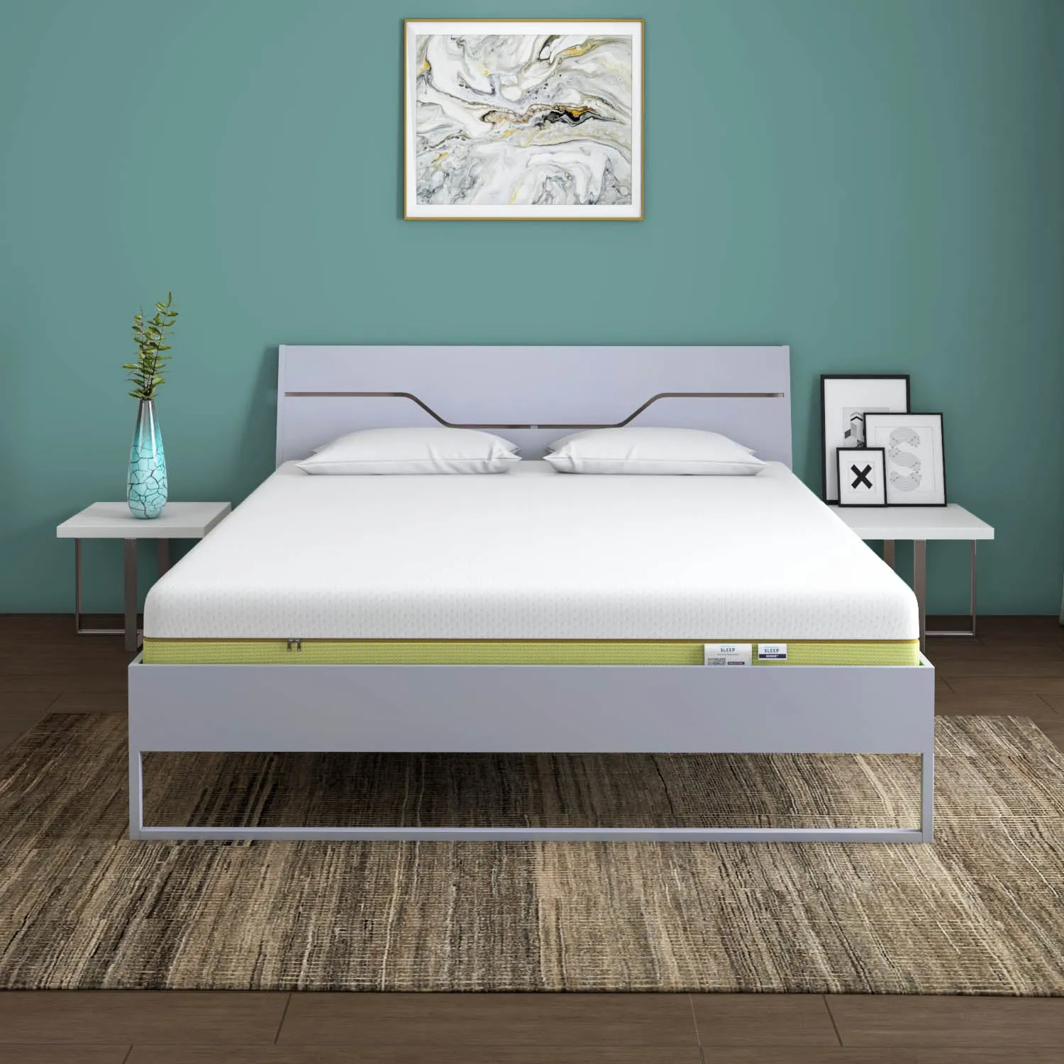 Grande Wood and Metal Hybrid Bed (Grey)   ECOAIR Latex Mattress (Queen)