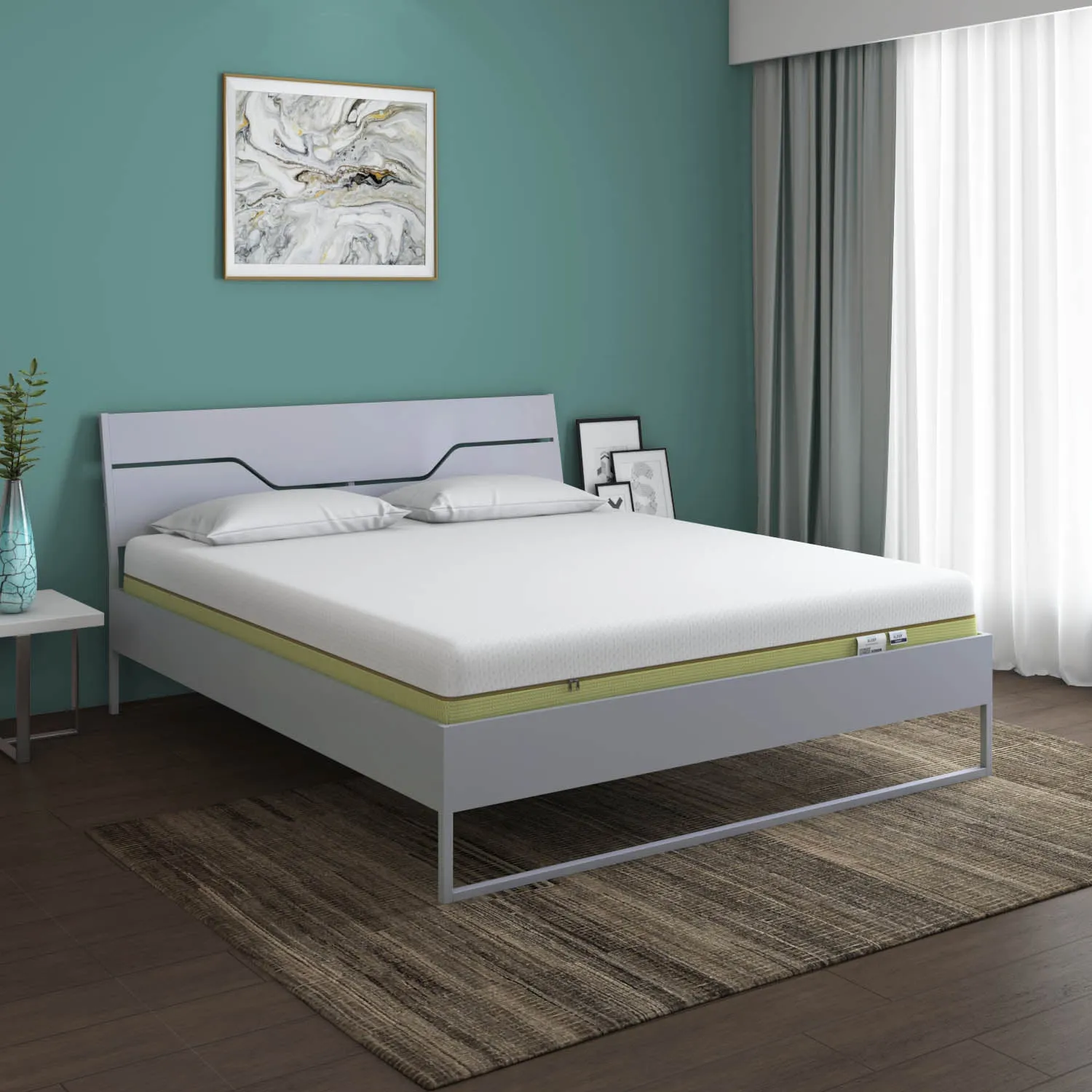 Grande Wood and Metal Hybrid Bed (Grey)   ECOAIR Latex Mattress (Queen)