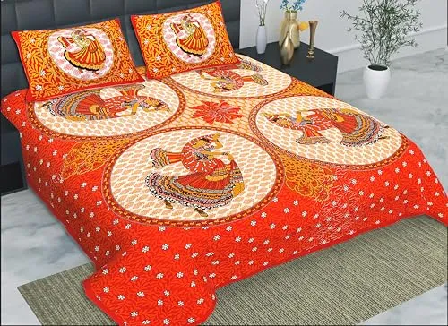 HZAR ART Queen Size Premium 100% Cotton Bedsheet for Double Bed with 2 Pillow Covers | 240 TC Flat Sheet | Jaipuri Print Double BedSheet Cotton(Buti Print,90 X 100 Inches) SSBS117