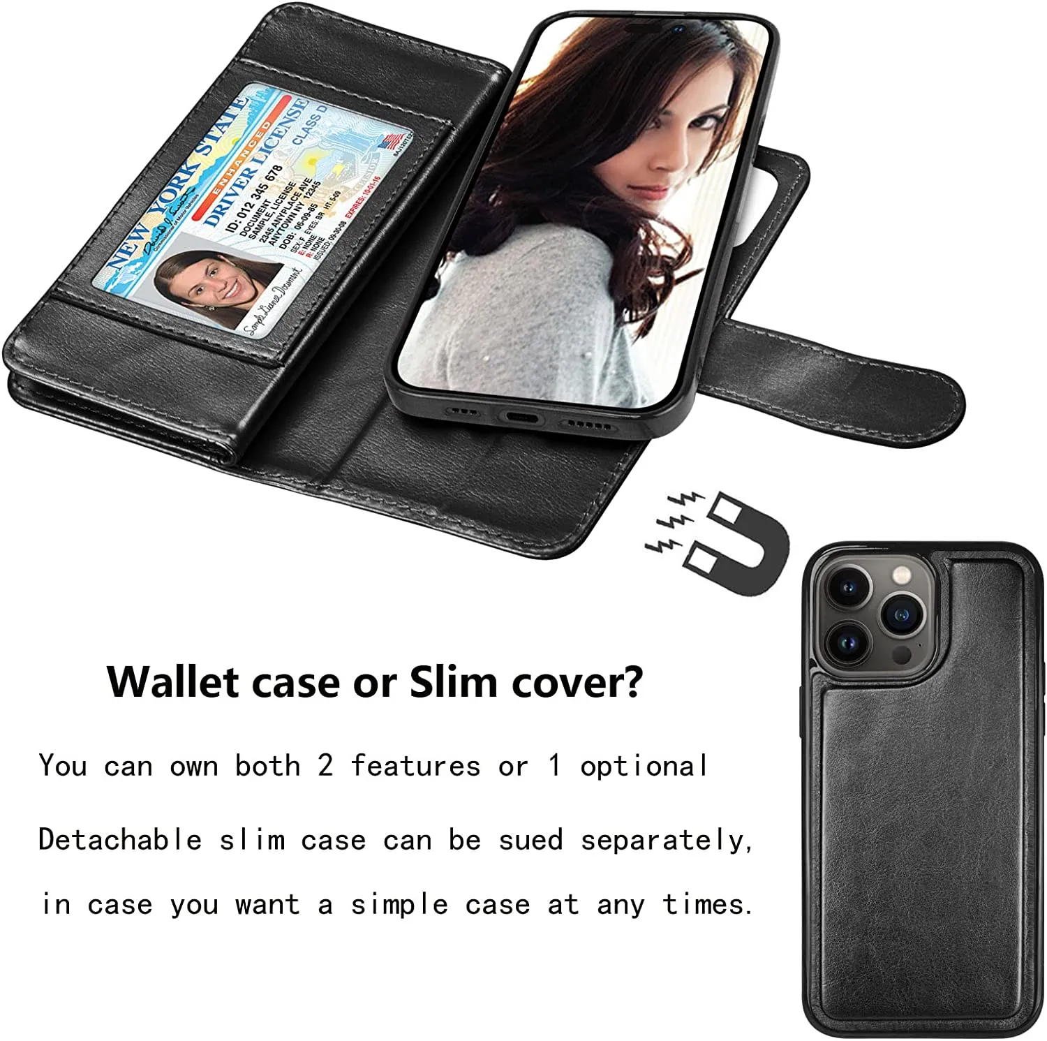 iPhone 14 Pro Max 6.7"  PU Leather ID Credit Holder Folio Flip Lanyard Black