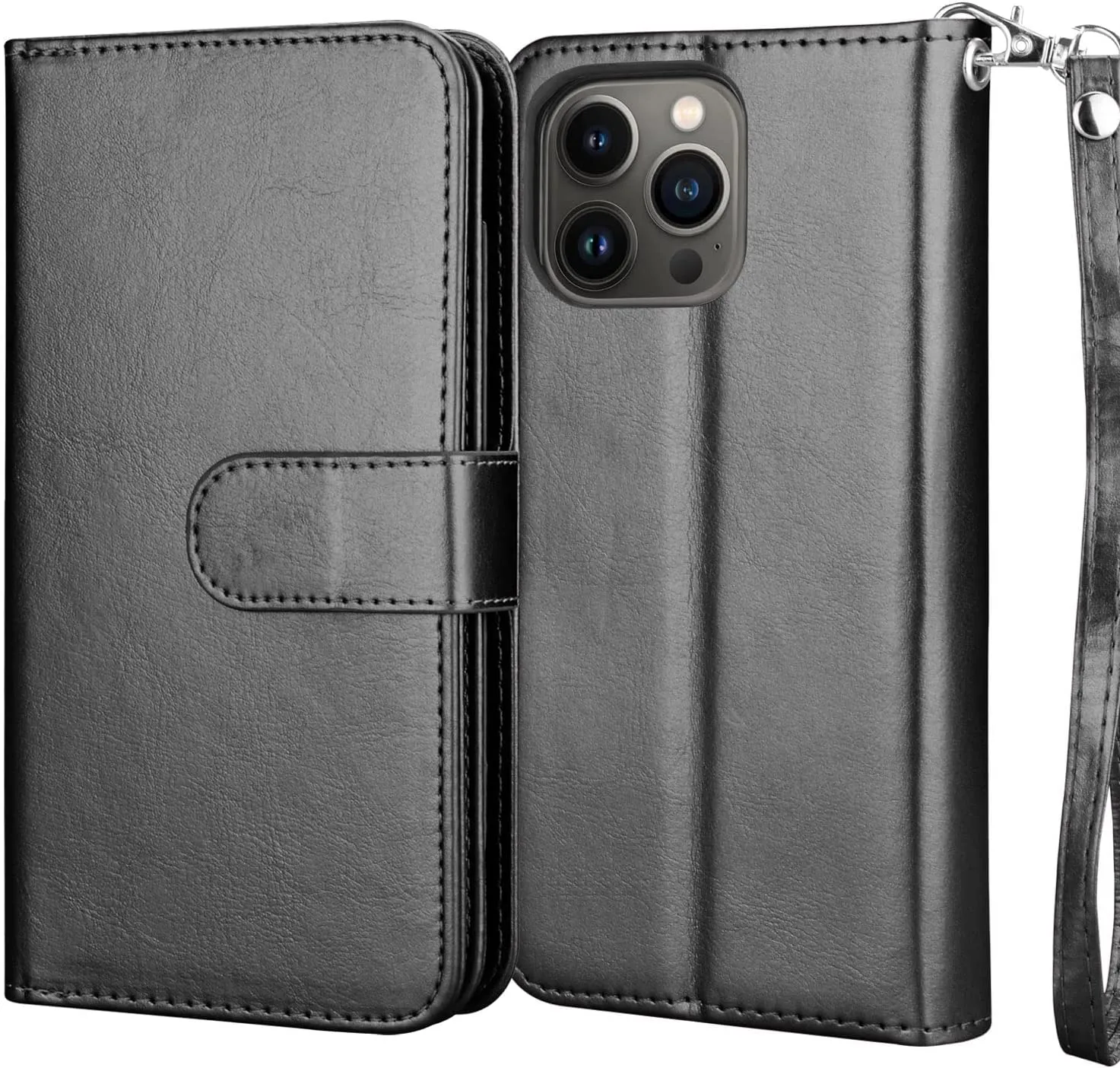 iPhone 14 Pro Max 6.7"  PU Leather ID Credit Holder Folio Flip Lanyard Black