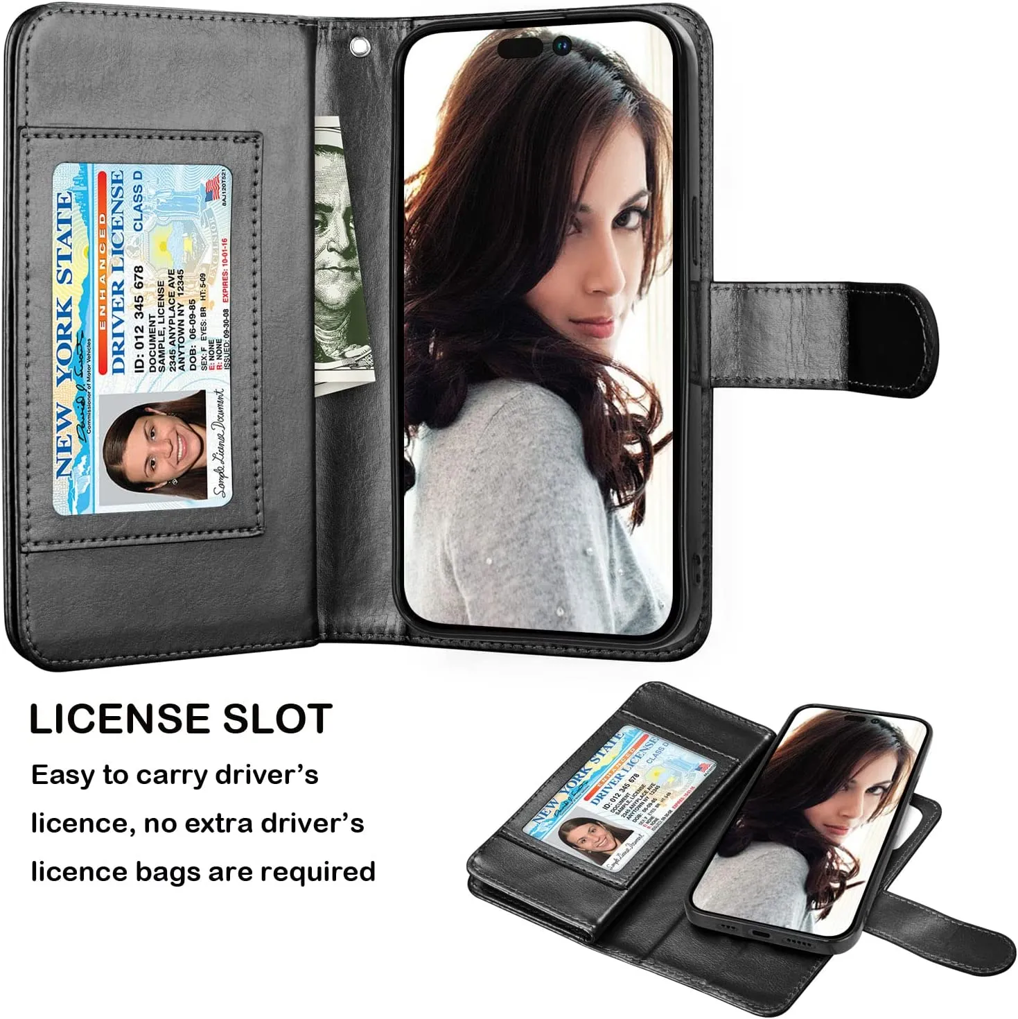 iPhone 14 Pro Max 6.7"  PU Leather ID Credit Holder Folio Flip Lanyard Black