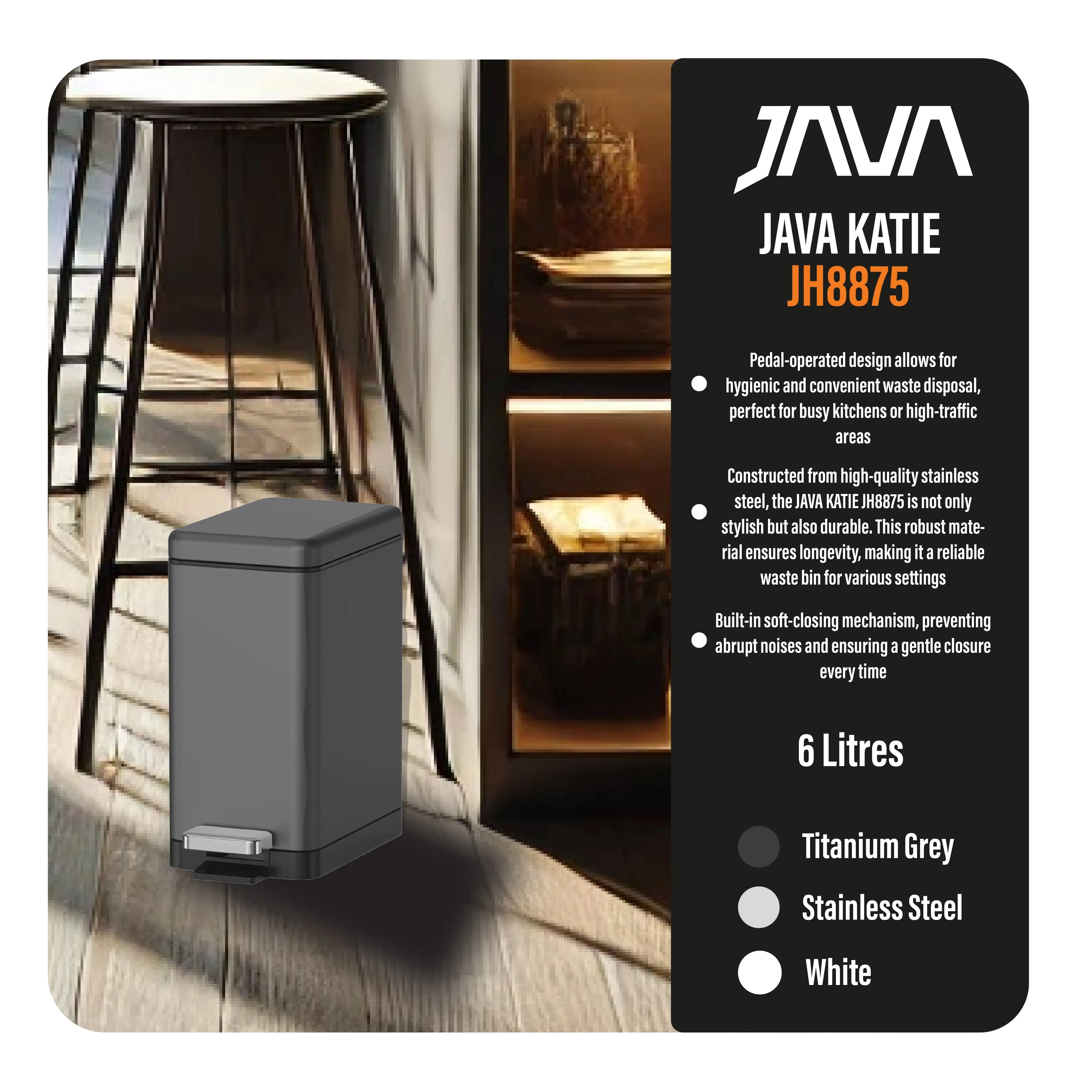 JAVA Dustbin | KATIE | JH8875 | 6L | Step Bin | Soft Closing | Trash Bin |  Dustbin for Kitchen