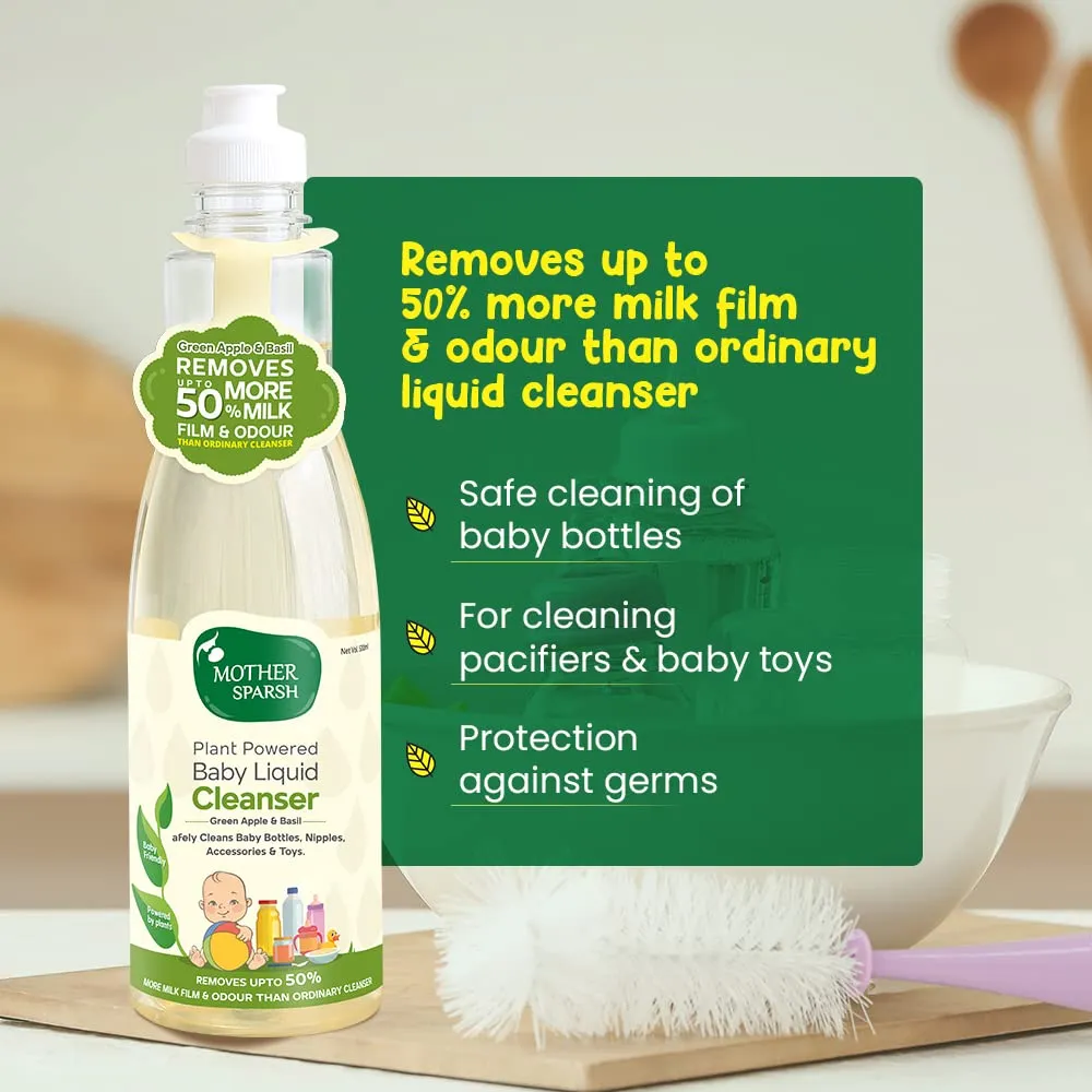 Mother Sparsh Plant Powered Natural Baby Liquid Cleanser with Basil & Green Apple Extract | for Baby Bottles, Nipples, Accessories and Toys Cleaning - 500ml