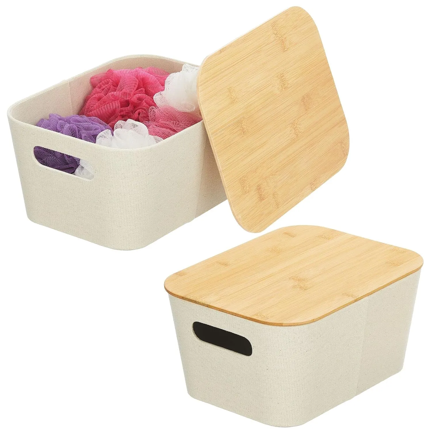 (Net) Design Fabric Basket with Lid - Stacking Decorative Storage Box Bins with Bamboo Lid for Closet, Bedroom, Living Room or Office - Holds Clothing and Accessories / 3462