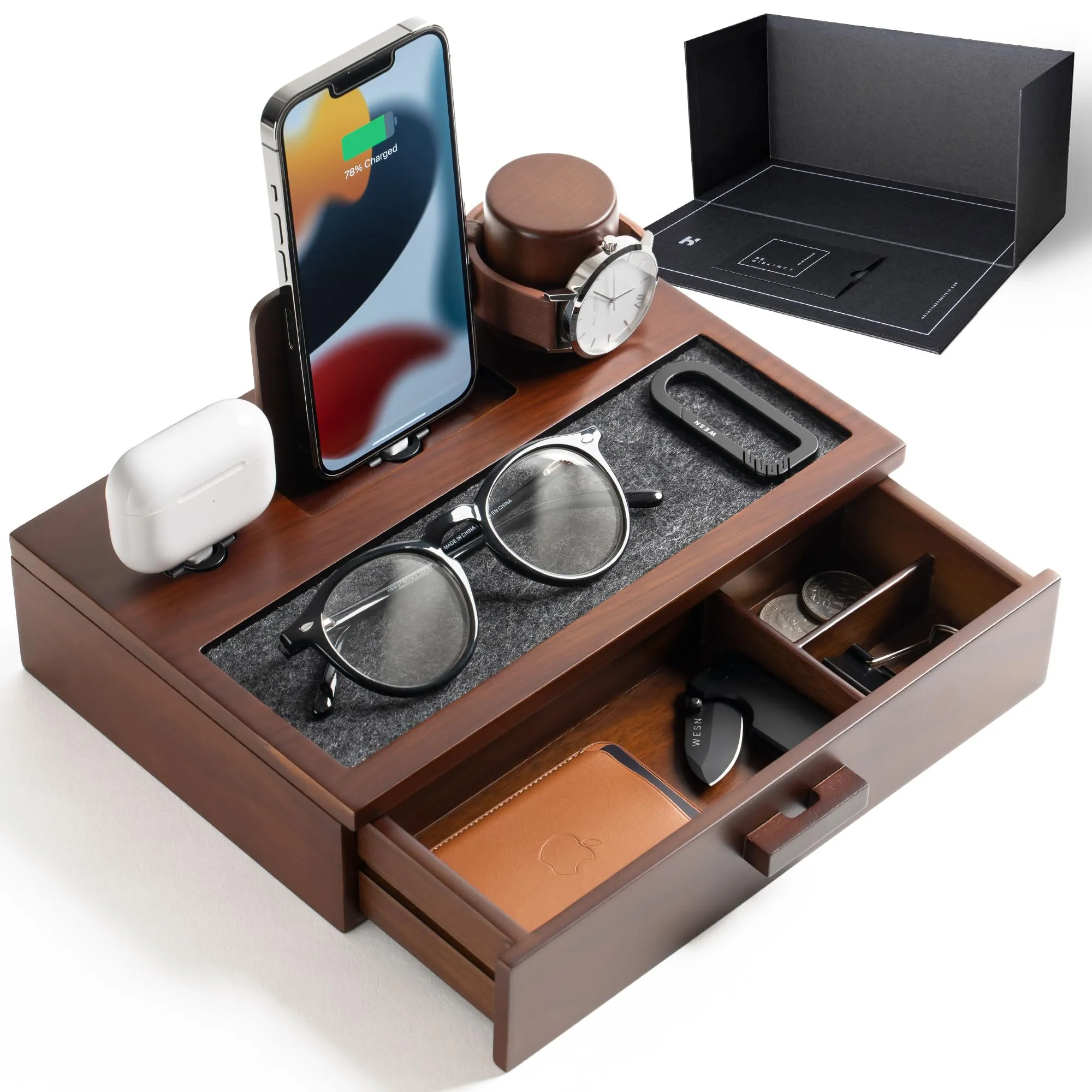 Nightstand Organizer For Men Unique Birthday Gift Wood Phone Docking Station