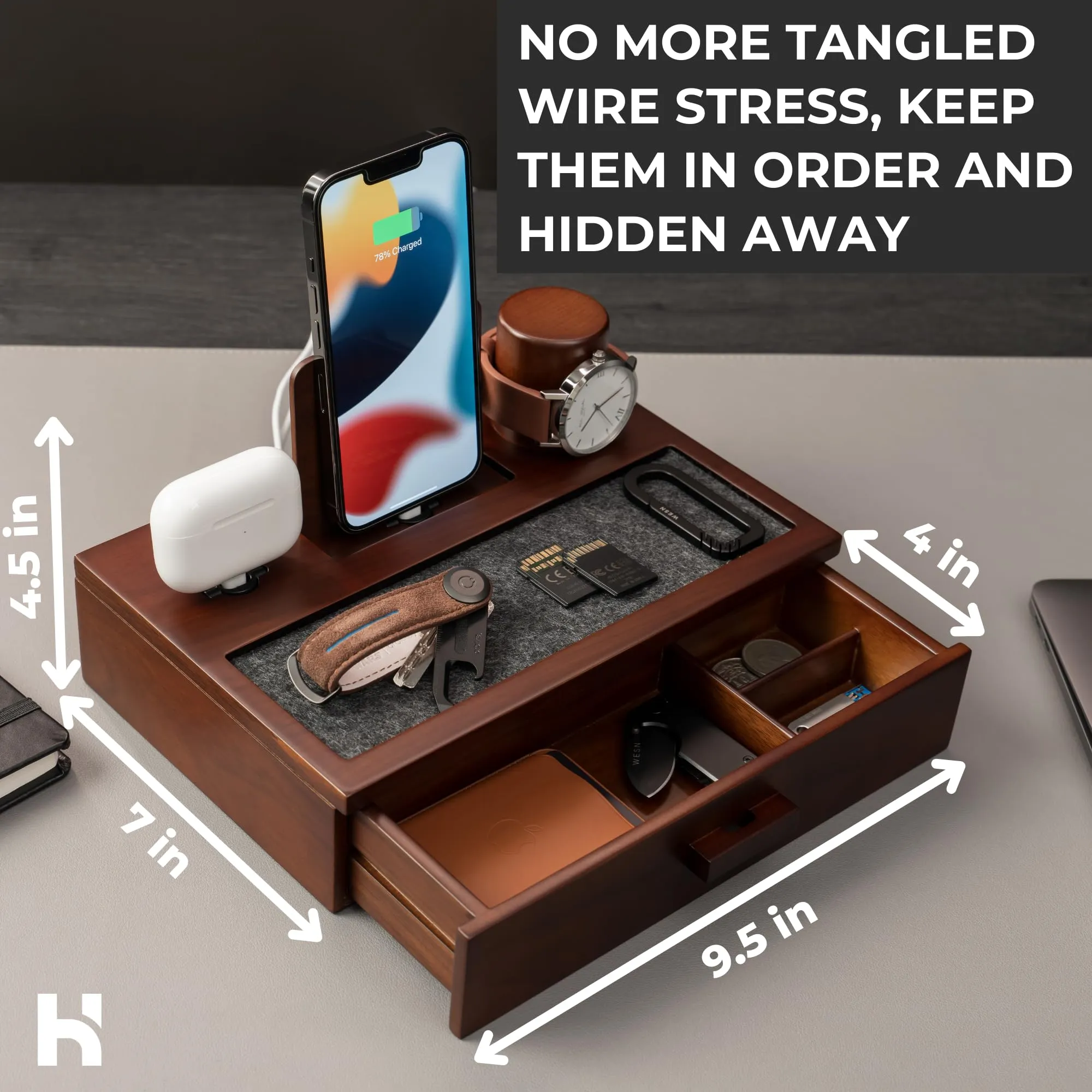 Nightstand Organizer For Men Unique Birthday Gift Wood Phone Docking Station