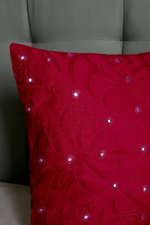 Okhai 'Home' Applique Mirror Work Pure Cotton Cushion Cover (Red)