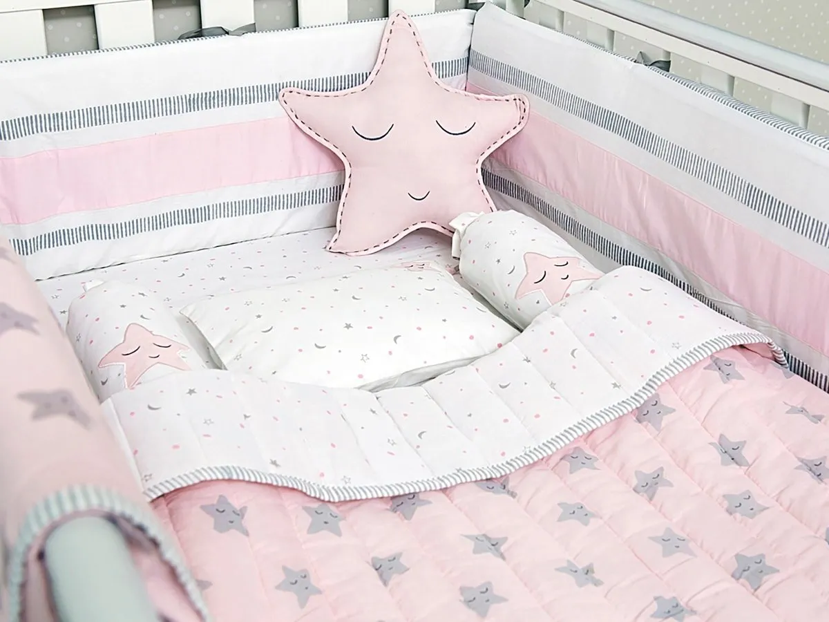 Organic Cotton Cot Bedding Set Sleepy Star Pink