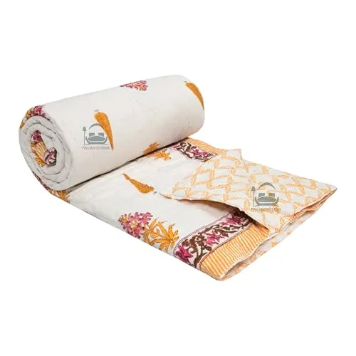 PINAARAS INTERIOR Hand Block Prints Cotton Single Bed Quilts/Razai/Rajai - Yellow (60X90 INCHES)